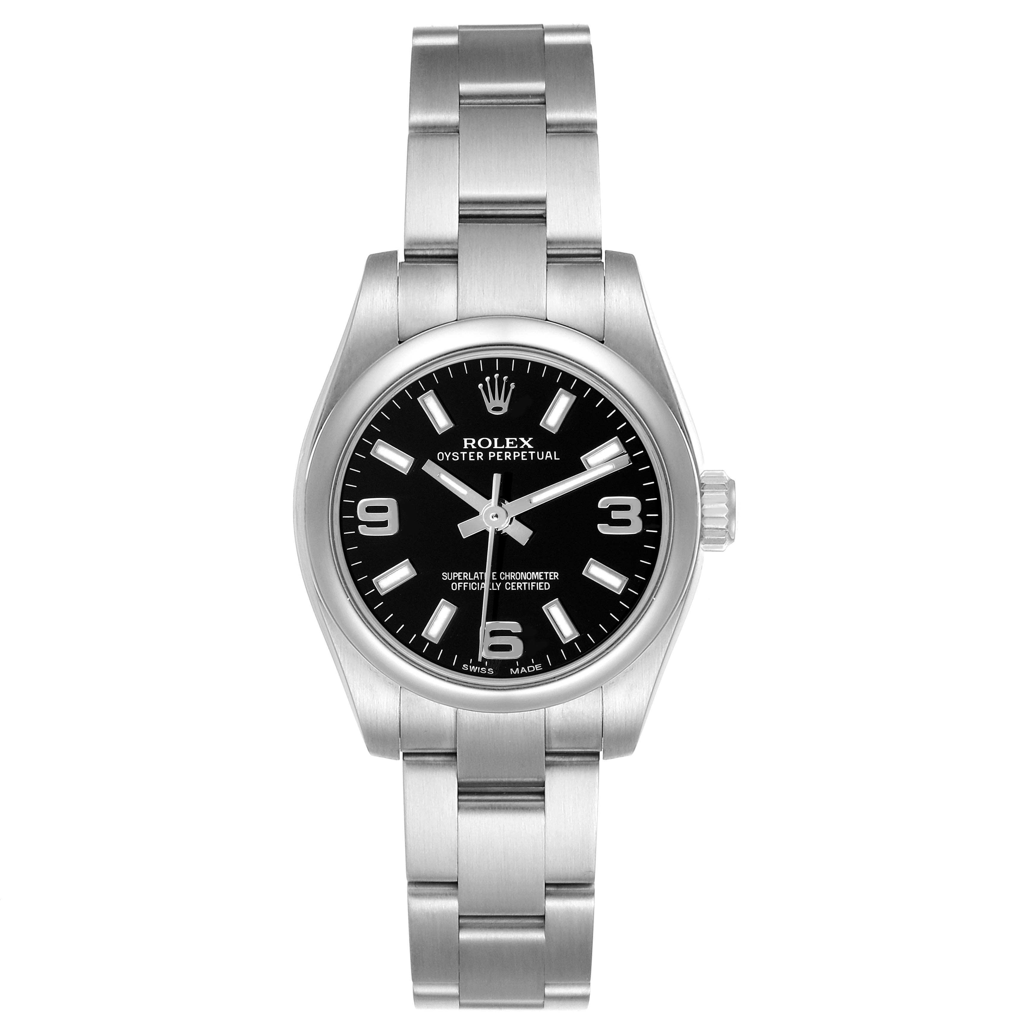 The Rolex Oyster Perpetual 176200 Women
s Stainless Steel Black Dial watch is shown from a front angle, highlighting the dial, bezel, and bracelet.