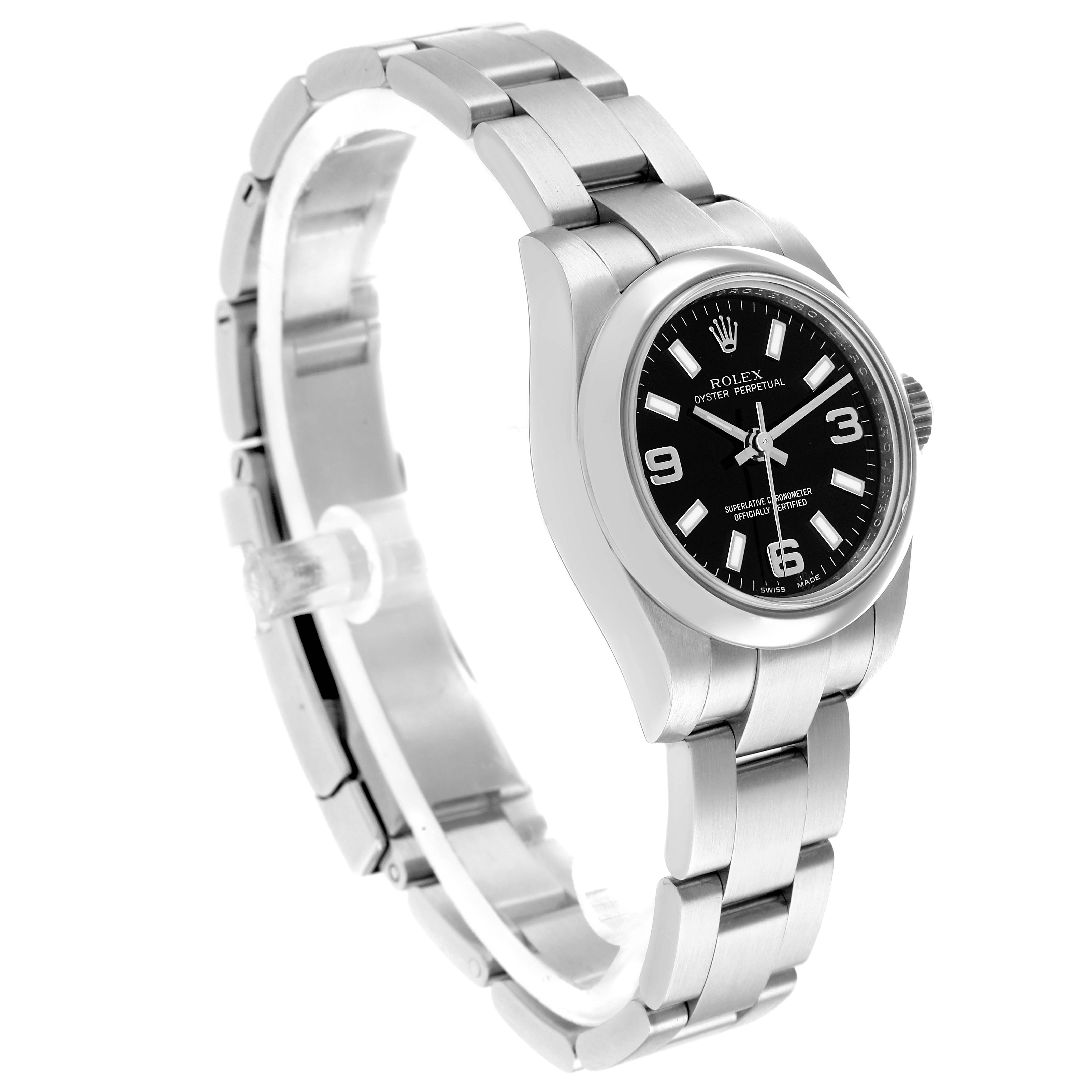 The image shows a Rolex Oyster Perpetual 176200 Women
s Stainless Steel Black Dial watch from a three-quarter angle, highlighting its face, bezel, and bracelet.