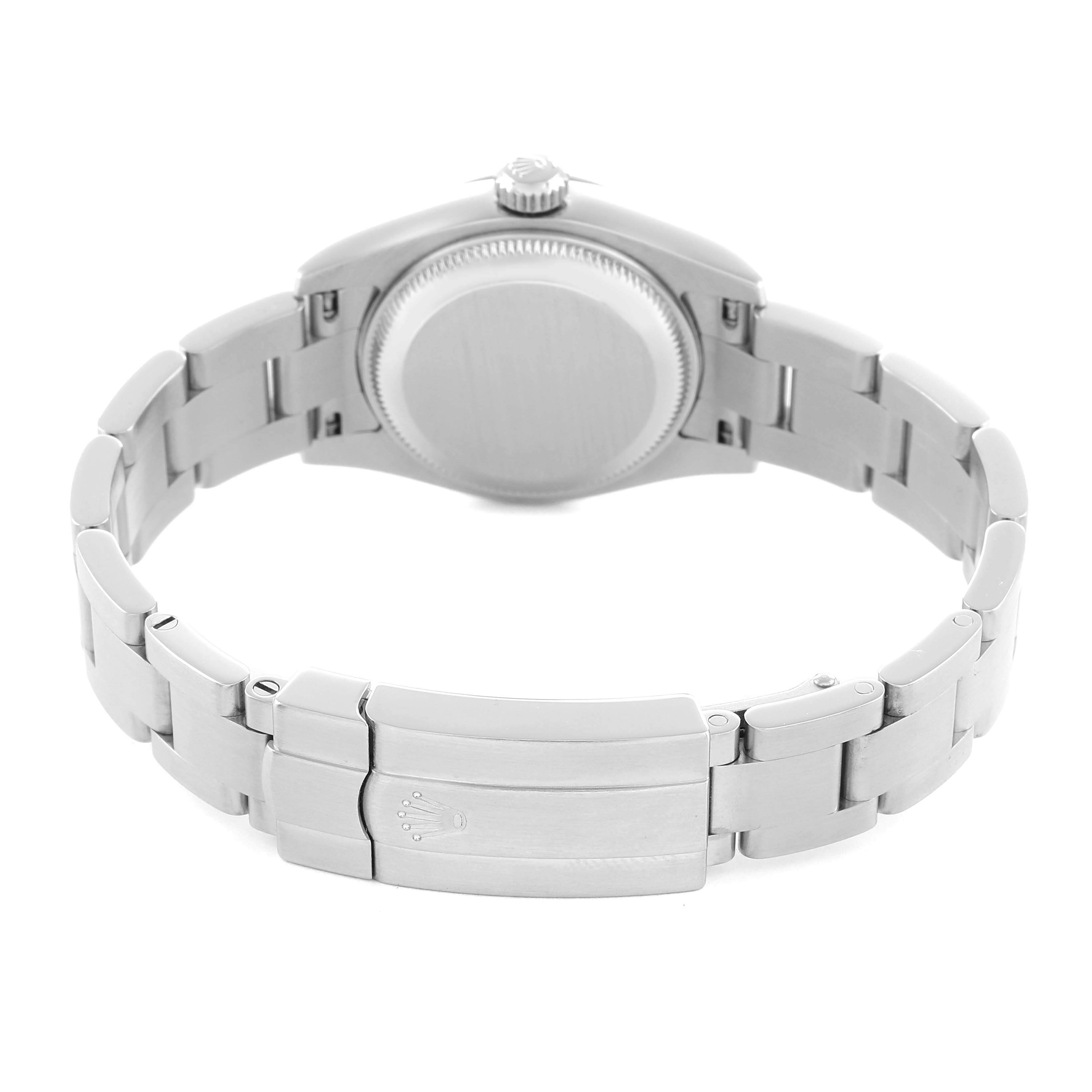 The image shows the back view of a Rolex Oyster Perpetual 176200 Women
s Stainless Steel Black Dial watch, highlighting the clasp and bracelet.