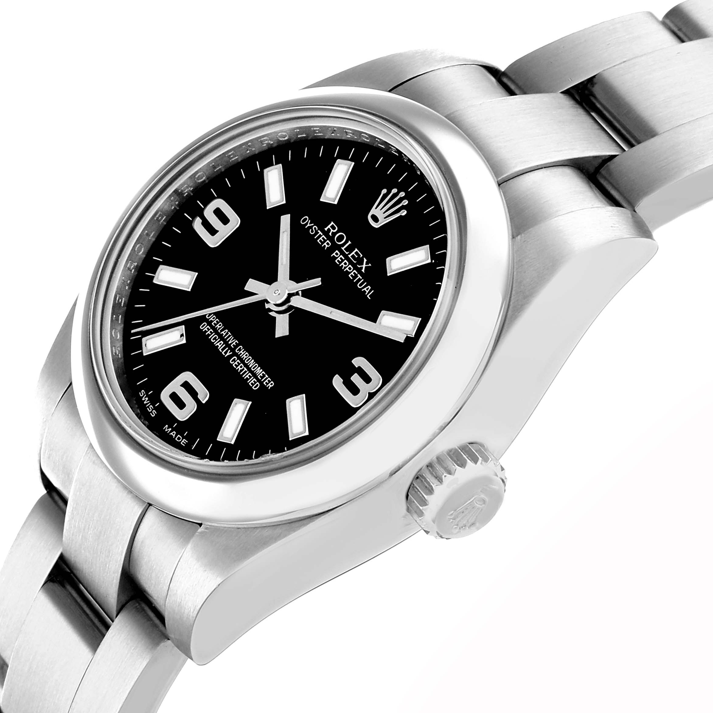 The image shows the Rolex Oyster Perpetual 176200 Women
s Stainless Steel Black Dial watch at an angle highlighting the dial, bezel, crown, and part of the bracelet.