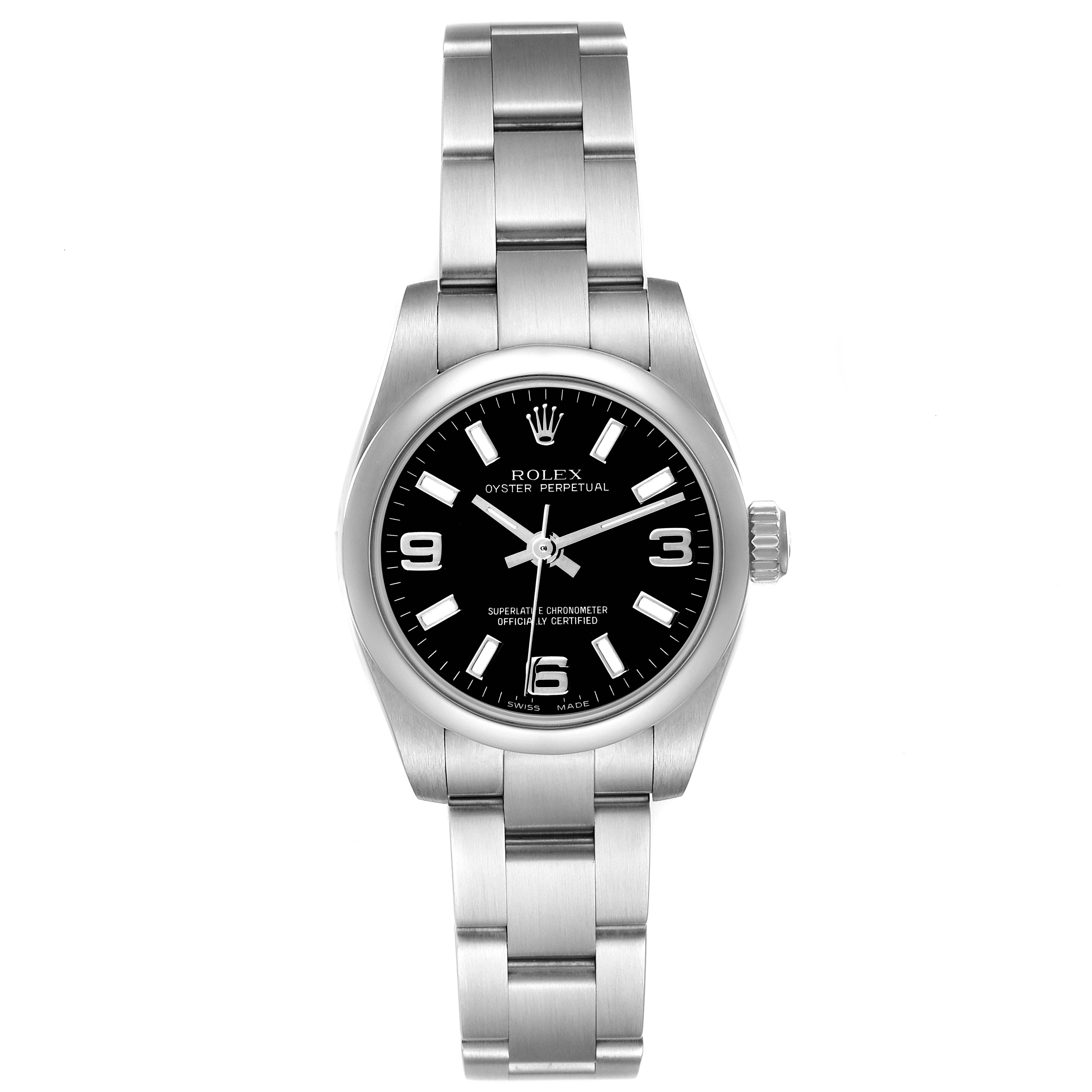 The Rolex Oyster Perpetual 176200 Women
s Stainless Steel Black Dial watch is shown from a front view, displaying the entire face, case, and bracelet.