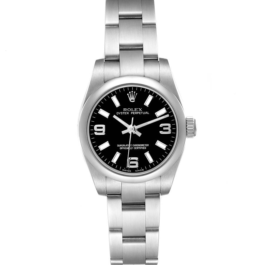 The Rolex Oyster Perpetual 176200 Women's Stainless Steel Black Dial watch is shown from a top-down angle, highlighting the face, bezel, bracelet, and crown.