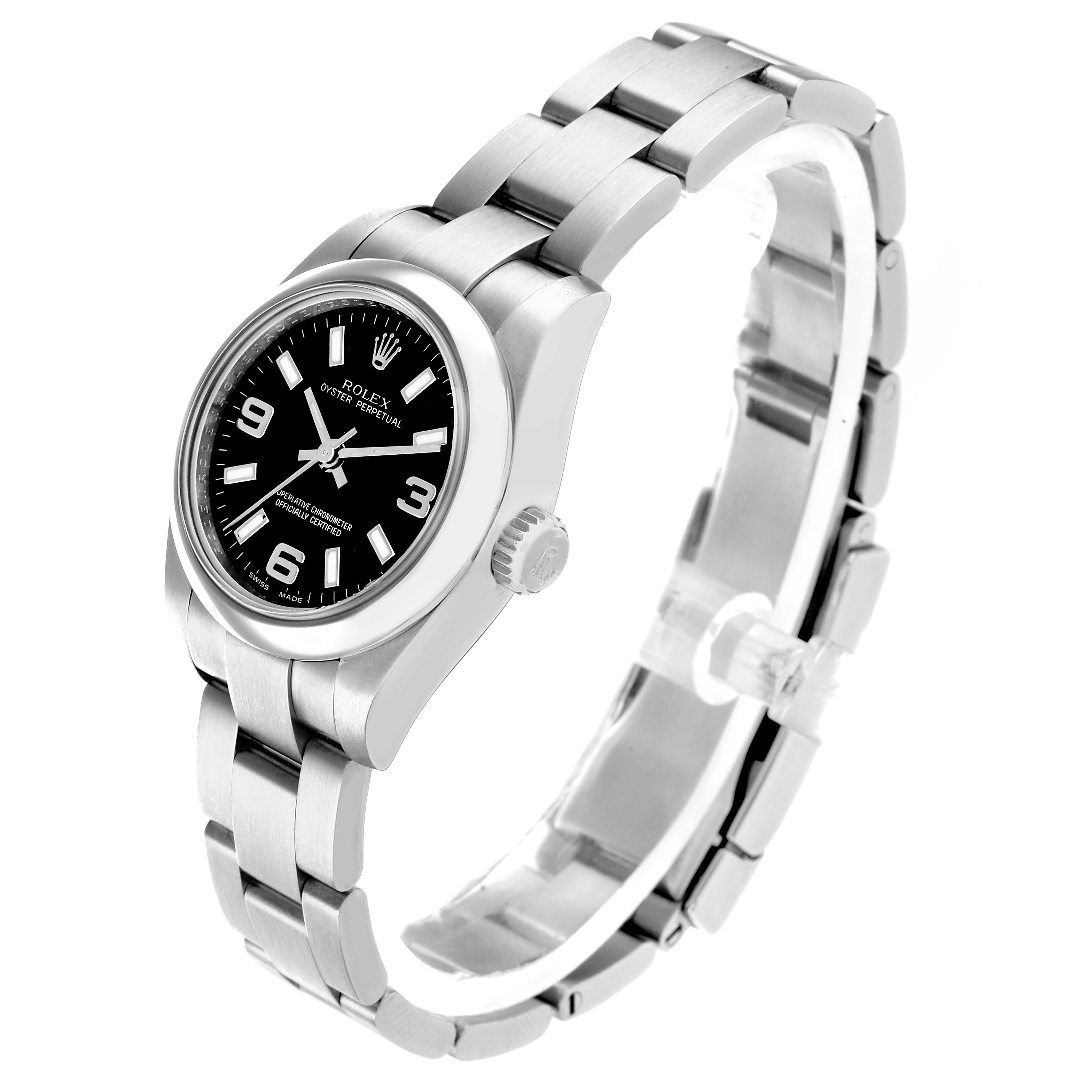 The Rolex Oyster Perpetual 176200 Women
s Stainless Steel Black Dial watch is shown at a three-quarter angle, displaying the dial, case, crown, and bracelet.