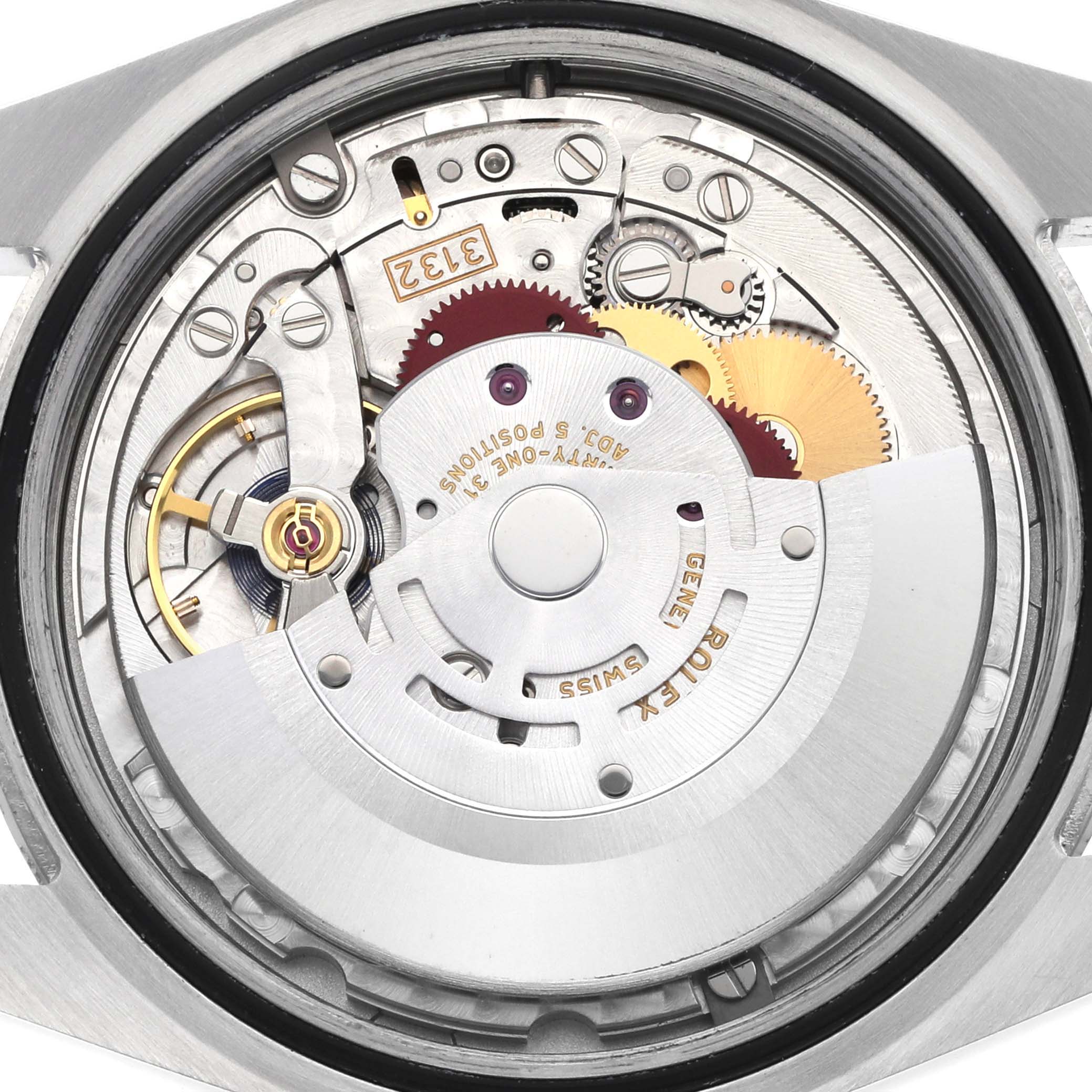 The image shows the movement of a Rolex Oyster Perpetual 114300 Men
s Stainless Steel Blue Dial from a top-down angle, highlighting the gears and components.