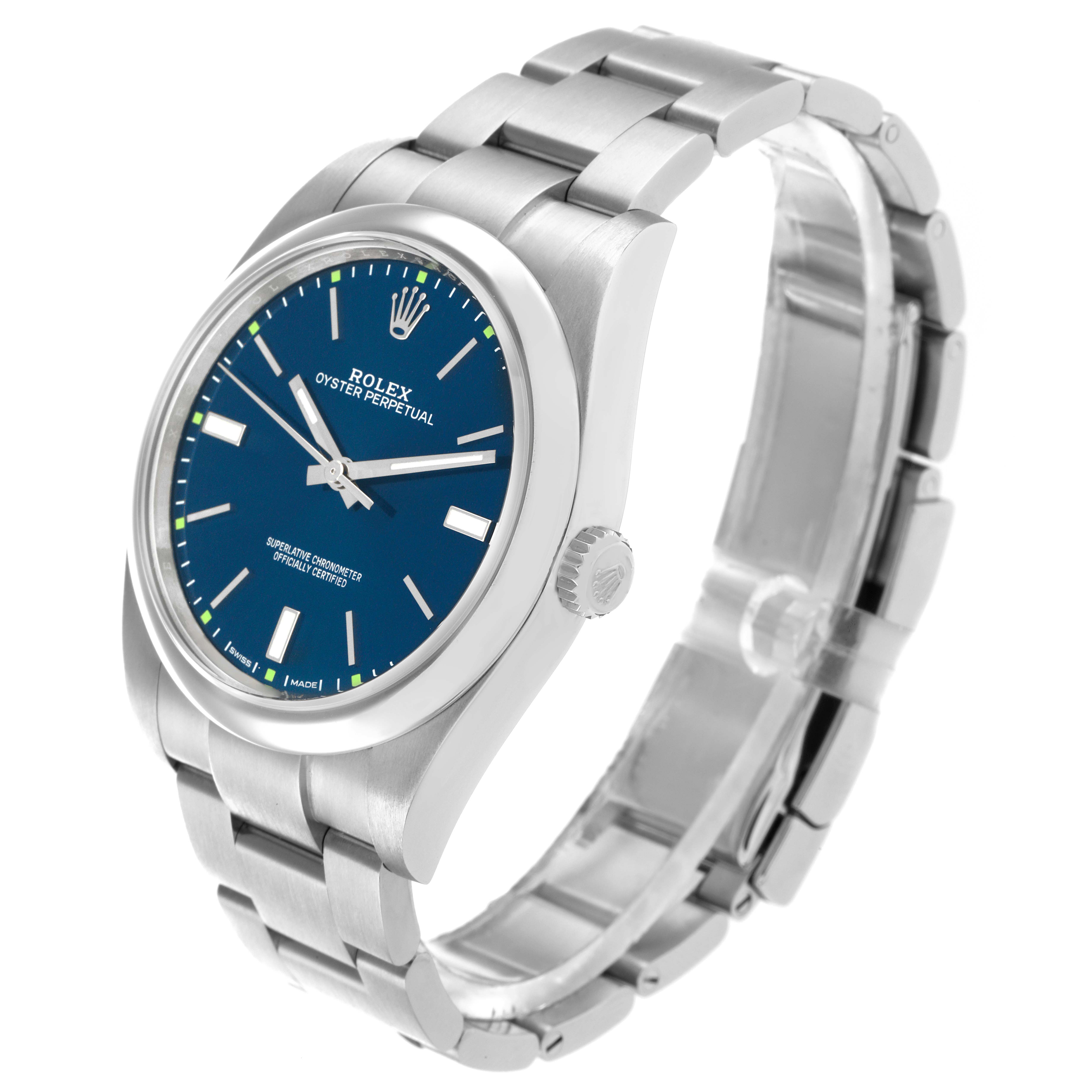 The Rolex Oyster Perpetual 114300 Men
s Stainless Steel Blue Dial watch is shown at an angled side view, highlighting the blue dial, crown, and bracelet.