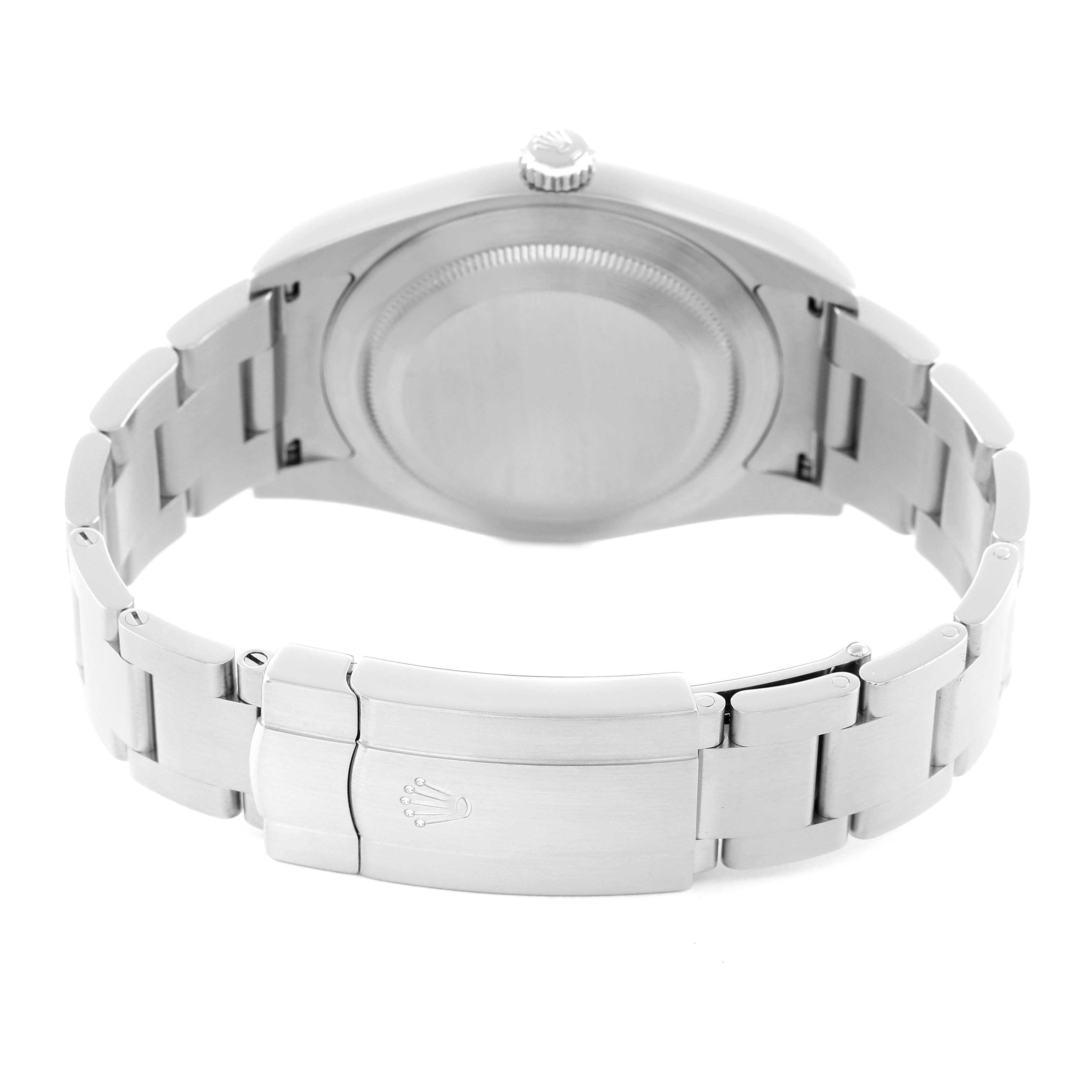 The Rolex Oyster Perpetual 114300 Men
s Stainless Steel Blue Dial is shown from the back, displaying the case back and bracelet clasp.