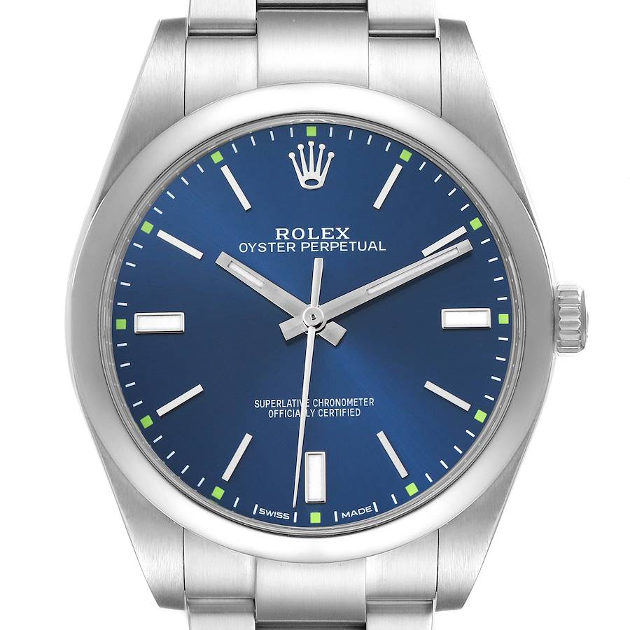 The Rolex Oyster Perpetual 114300 Men's Stainless Steel Blue Dial watch is shown from a front view, highlighting the blue dial, hands, indices, crown, and part of the bracelet.