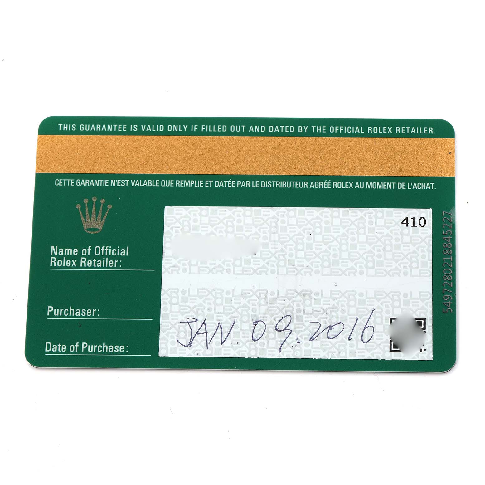 The image shows a warranty card for the Rolex Oyster Perpetual 114300 Men
s Stainless Steel Blue Dial, displaying purchase and retailer details.