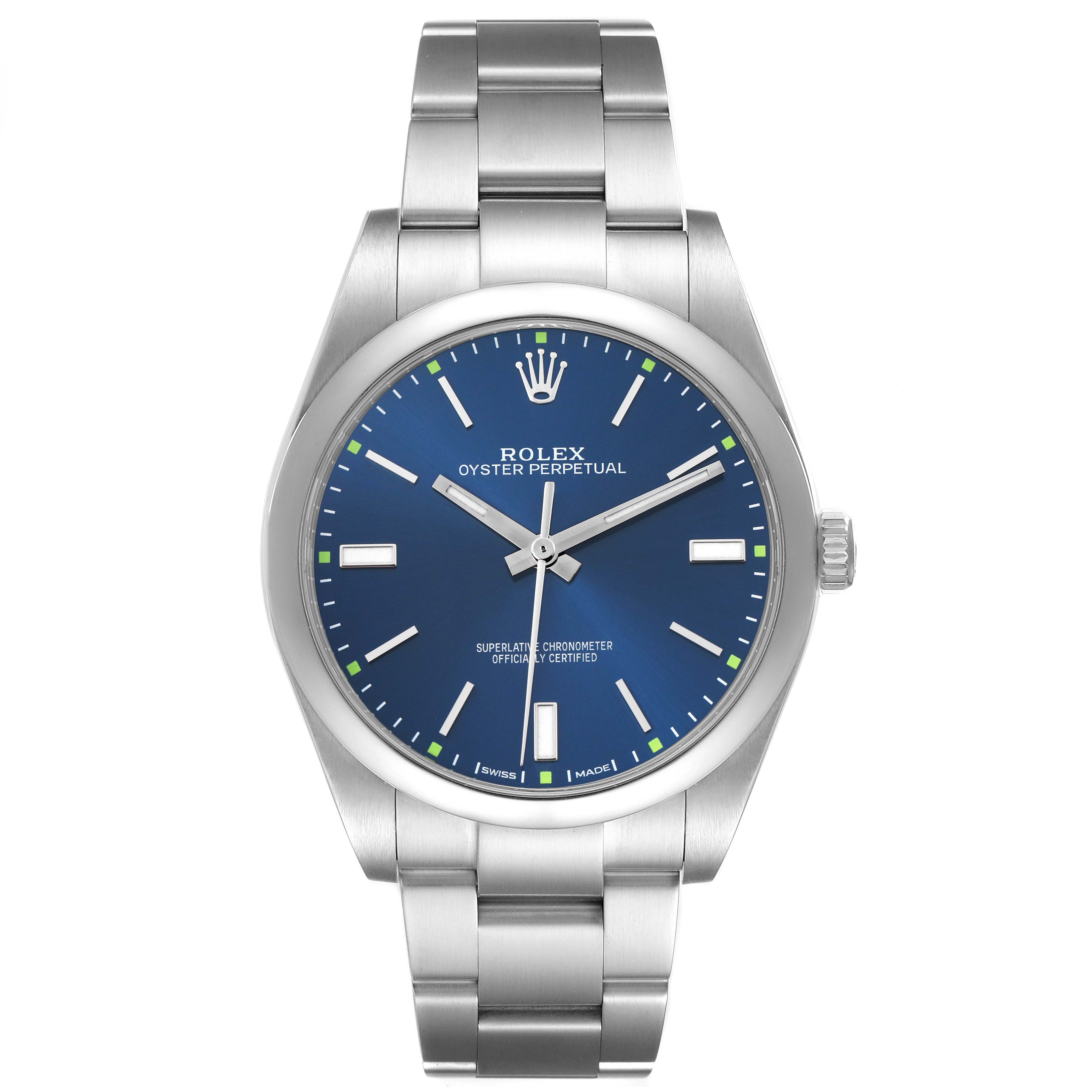 The Rolex Oyster Perpetual 114300 Men
s Stainless Steel Blue Dial watch is shown from a front angle, displaying the full face, bezel, and bracelet.
