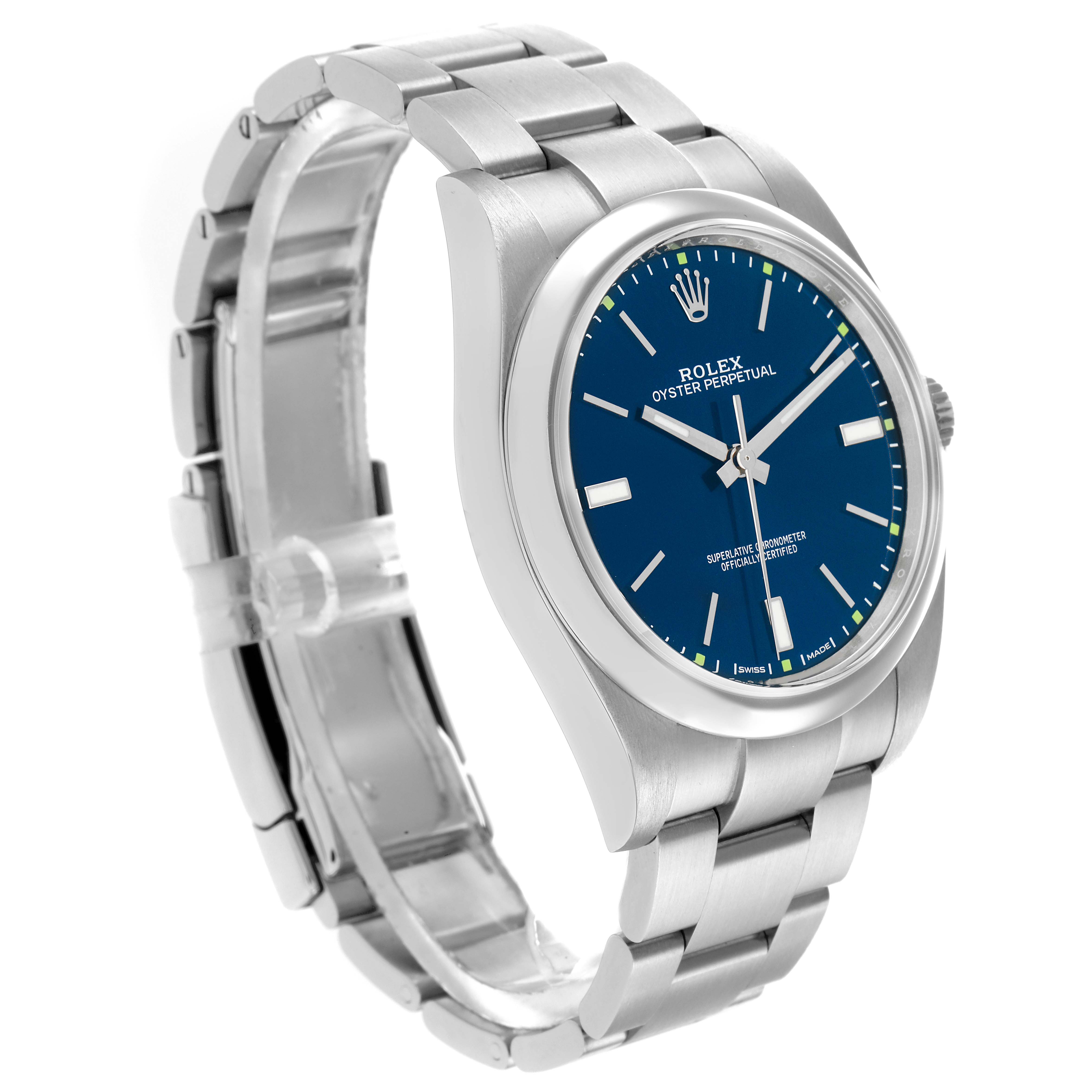 The Rolex Oyster Perpetual 114300 Men
s Stainless Steel Blue Dial watch is shown at a three-quarter angle, featuring a blue dial, stainless steel case, and bracelet.