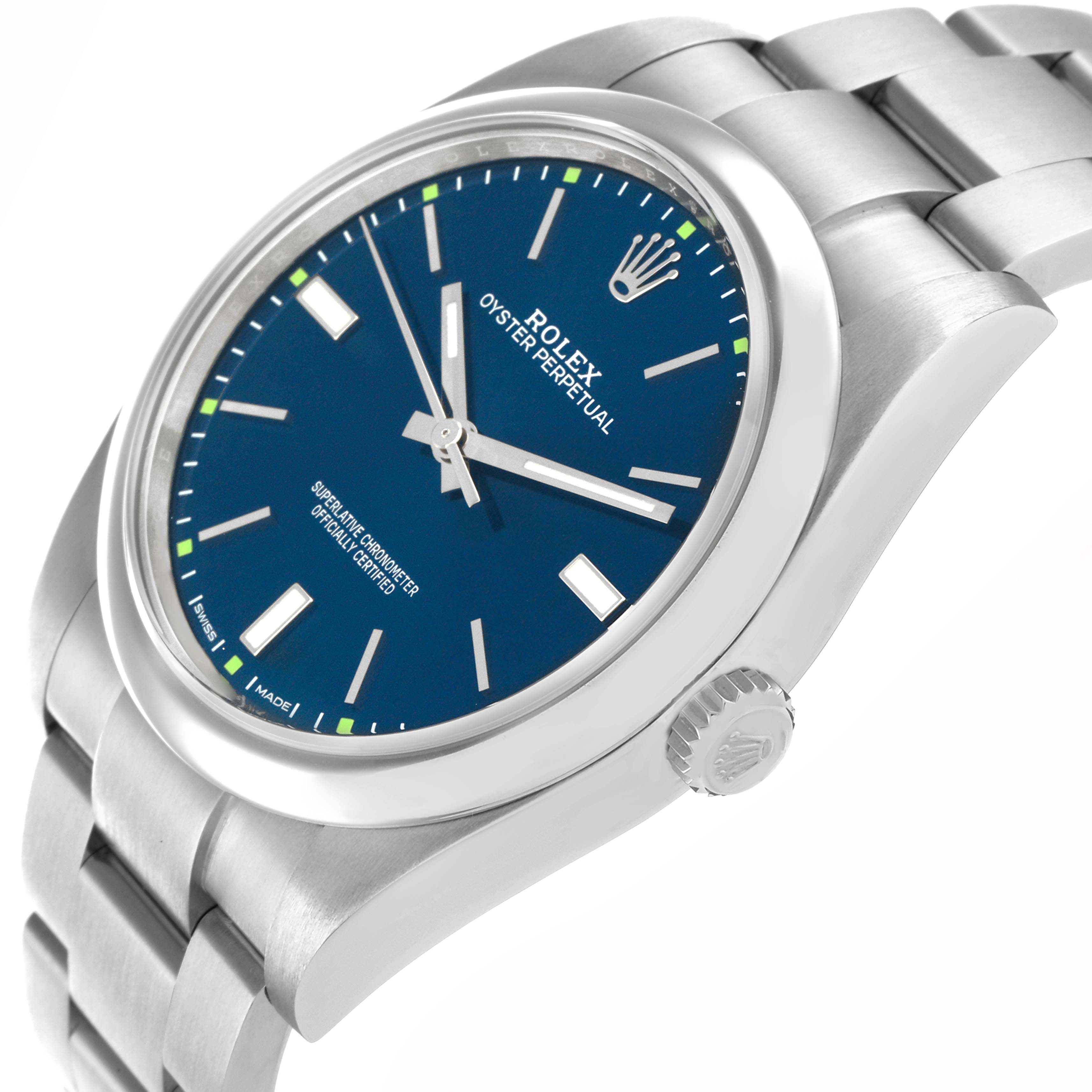 The Rolex Oyster Perpetual 114300 Men
s Stainless Steel Blue Dial watch is shown at a slight angle, highlighting the dial, crown, and part of the bracelet.