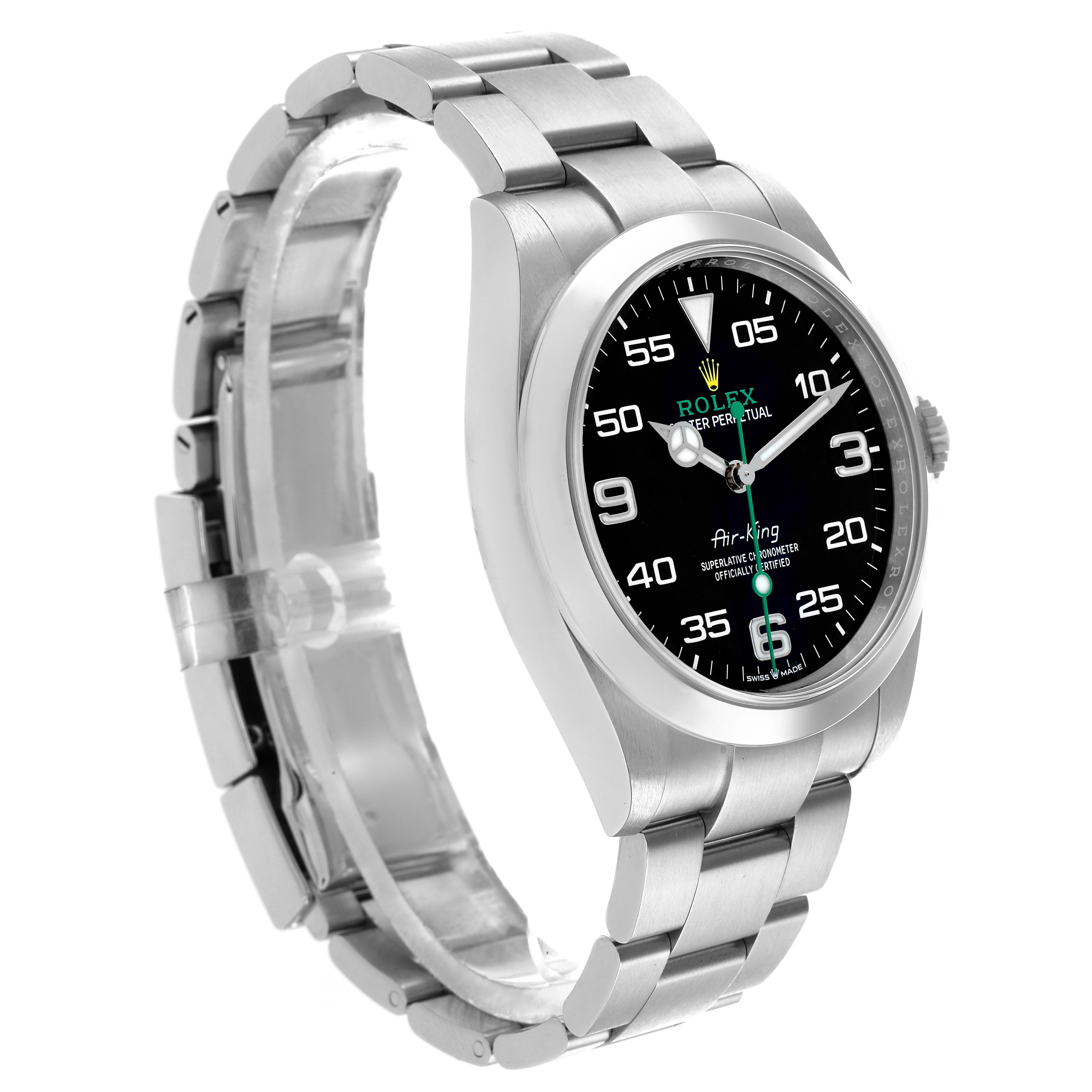 The image shows a Rolex Air-King 126900 Men
s Stainless Steel Black Dial watch at a three-quarter view, highlighting the dial, case, and bracelet.