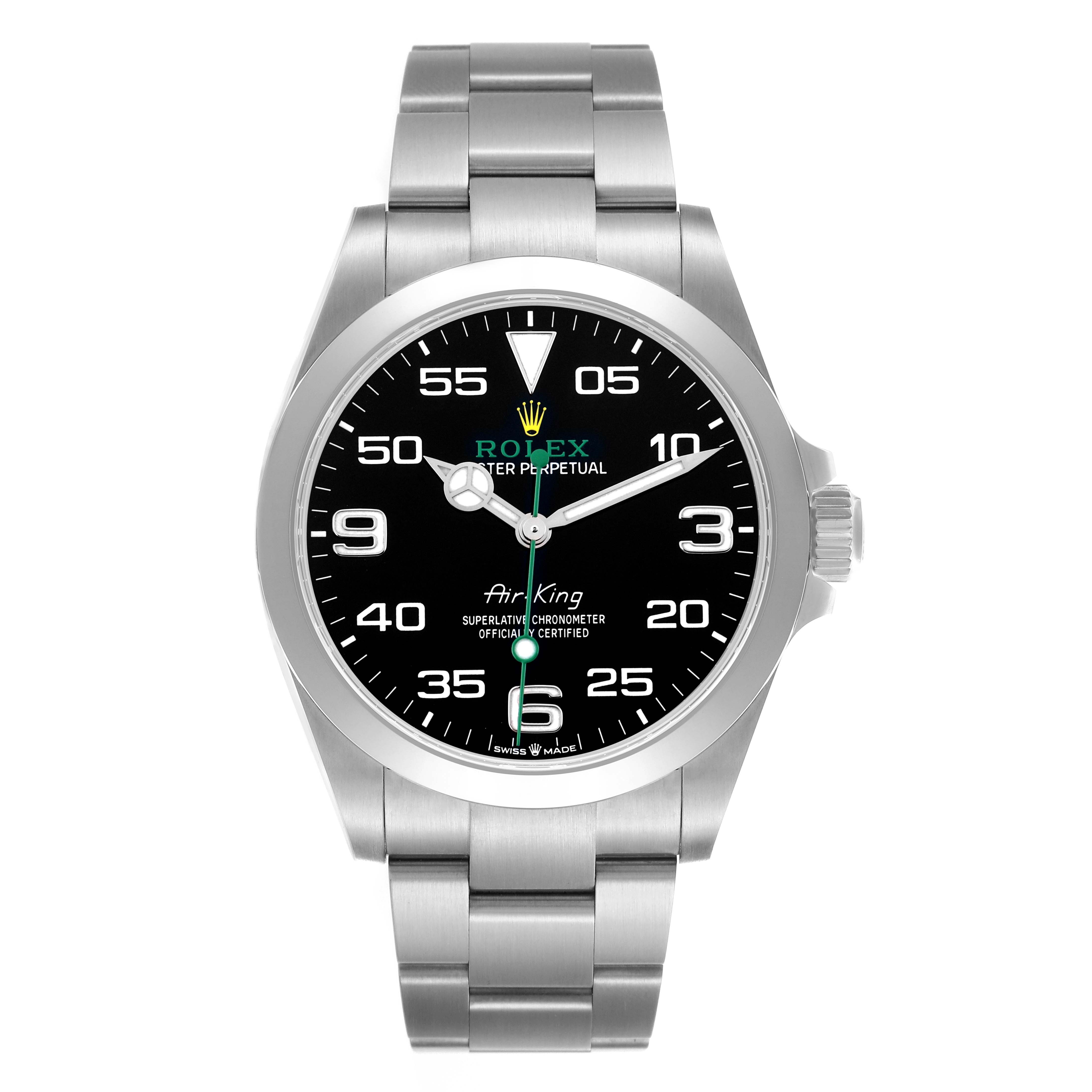 The image shows a frontal view of a Rolex Air-King 126900 Men
s Stainless Steel Black Dial watch, displaying its dial, hands, and full bracelet.