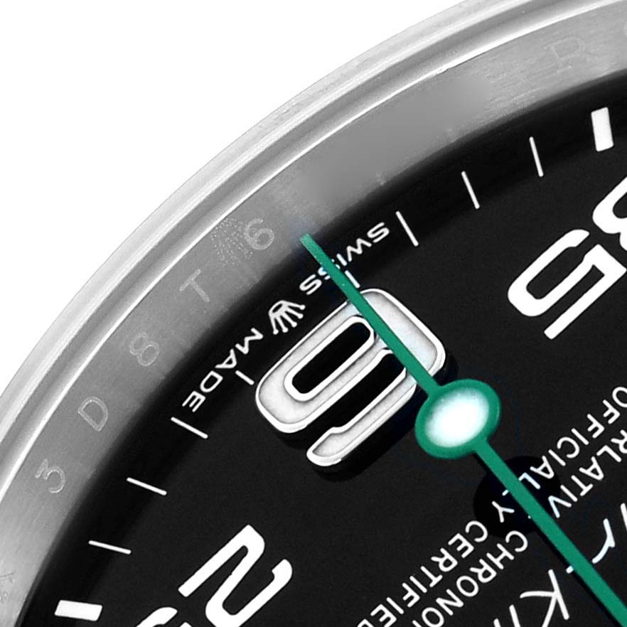 The image shows a close-up of the Rolex Air-King 126900 Men
s Stainless Steel Black Dial watch face, highlighting the dial, hands, and part of the bezel.