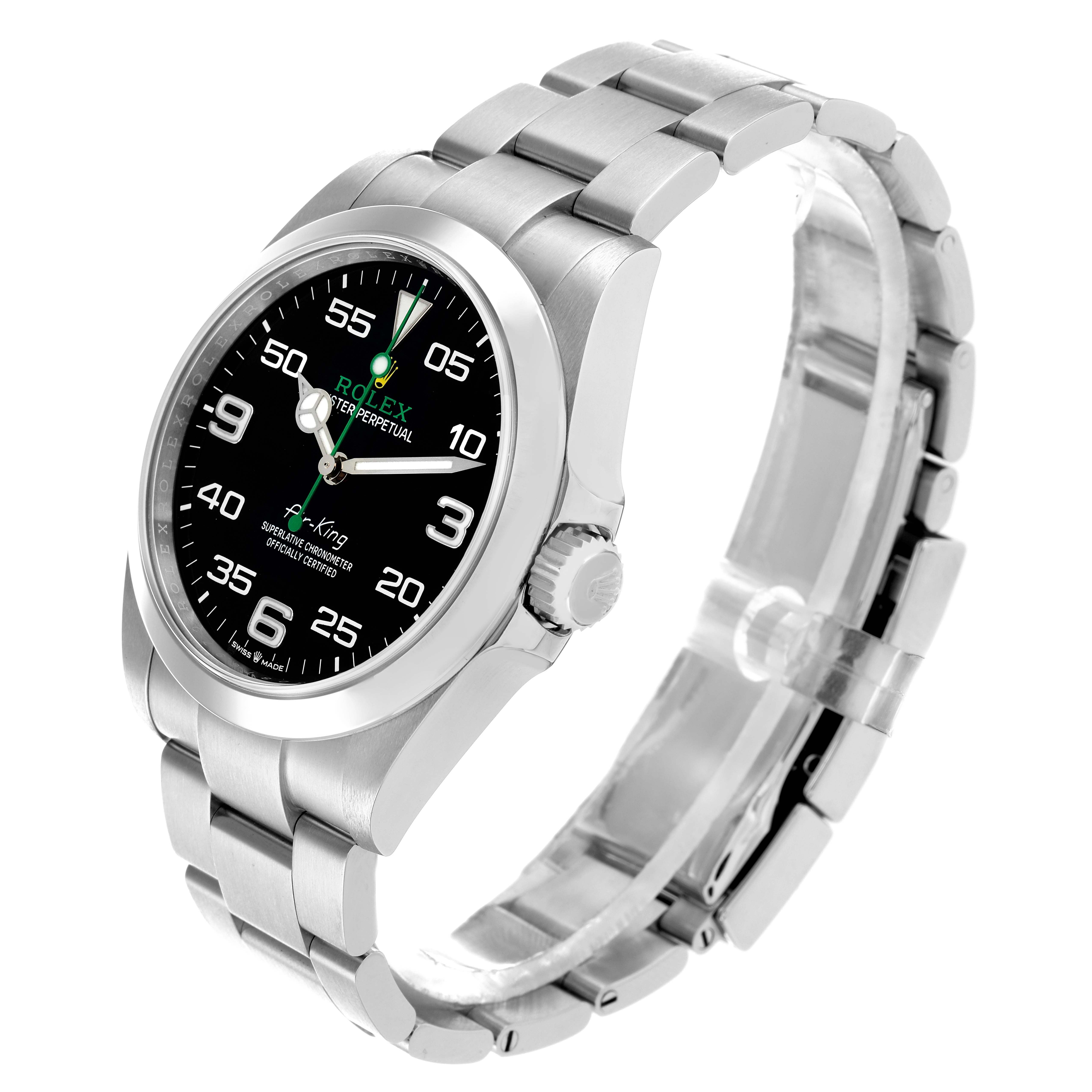 The Rolex Air-King 126900 Men
s Stainless Steel Black Dial watch is shown at an angle highlighting its black dial, crown, and stainless steel bracelet.