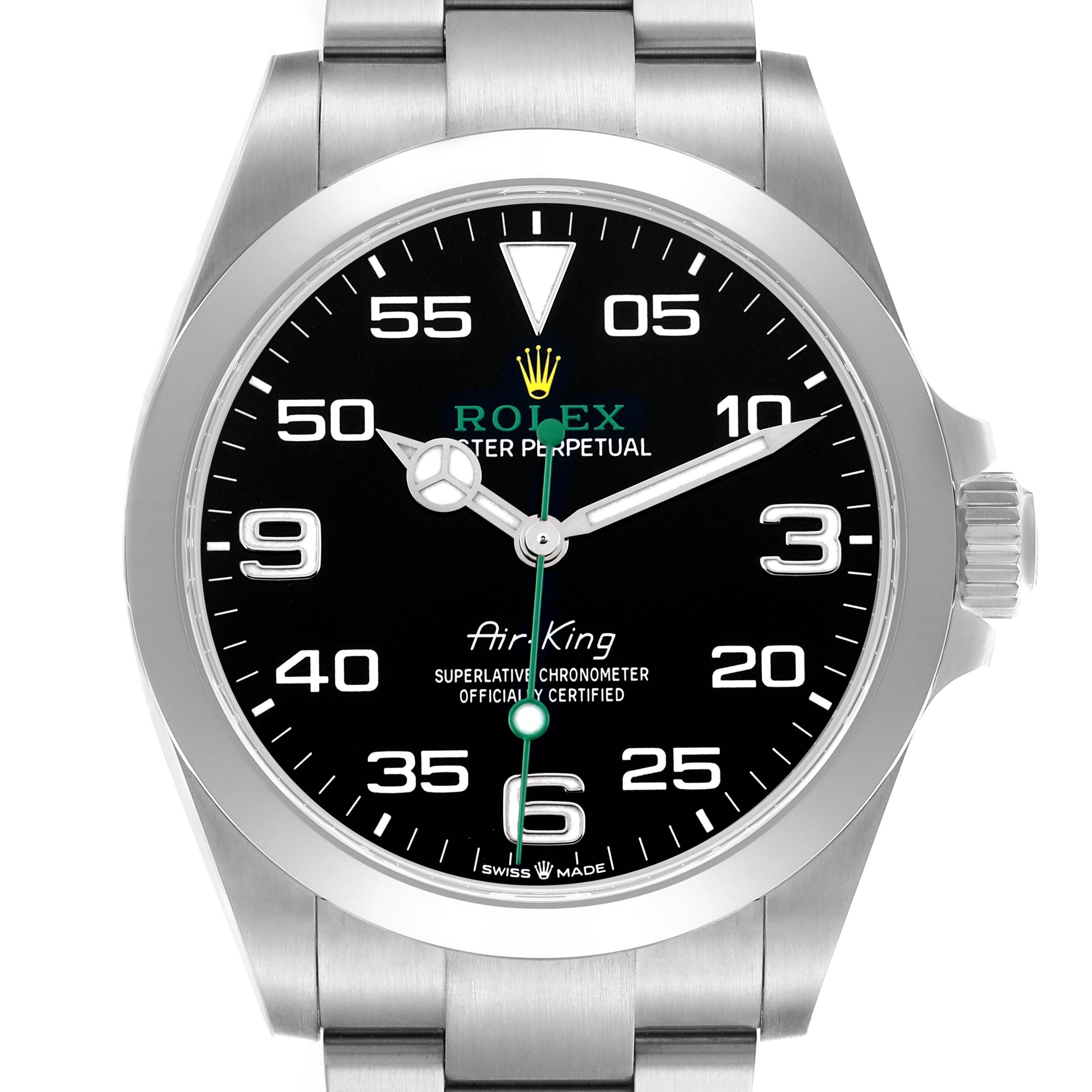 The image shows a front view of the Rolex Air-King 126900 Men
s Stainless Steel Black Dial watch, highlighting the dial, hands, and part of the bracelet.