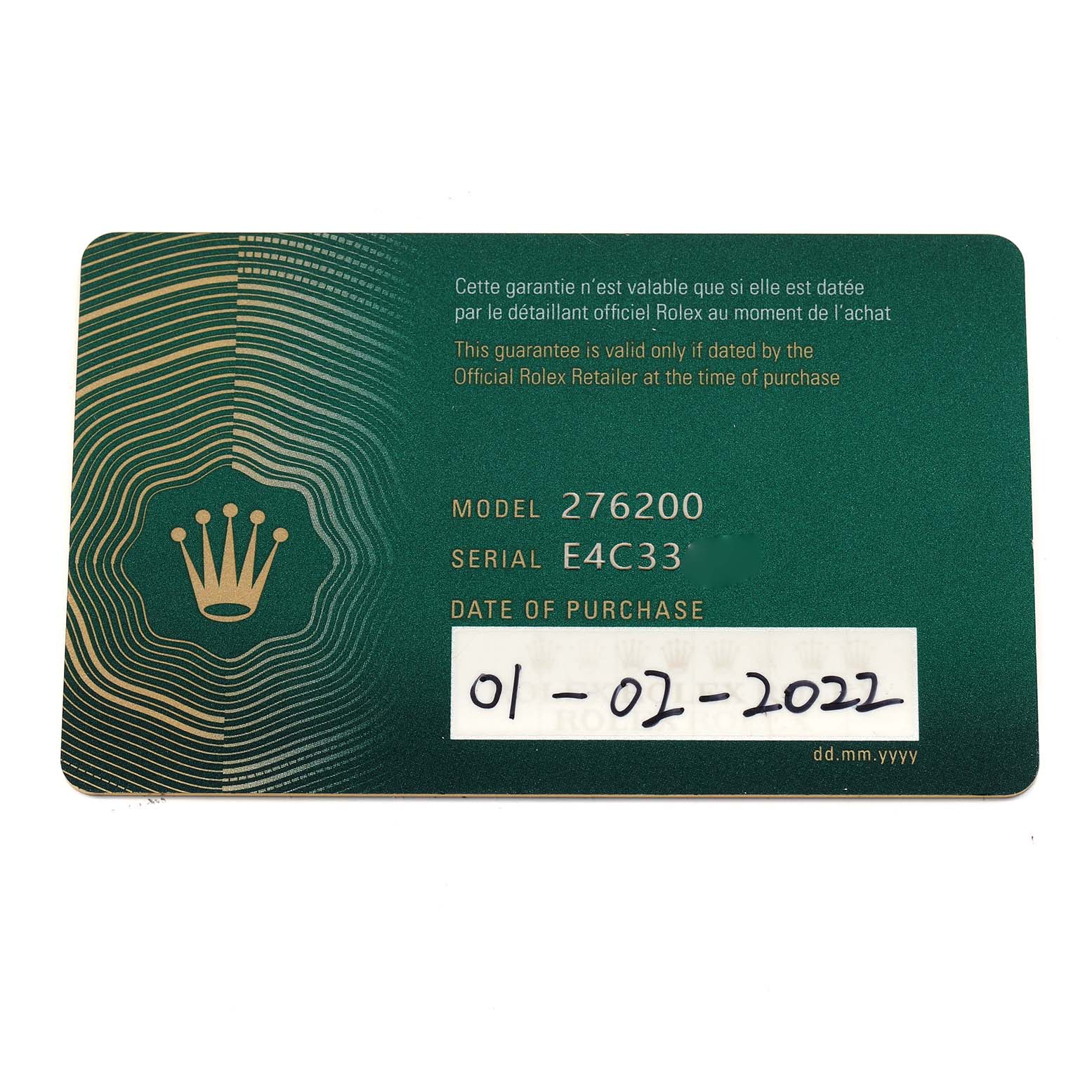 The image shows a warranty card for a Rolex Oyster Perpetual 276200 Women
s Stainless Steel Blue Dial model 276200, displaying model, serial number, and purchase date.