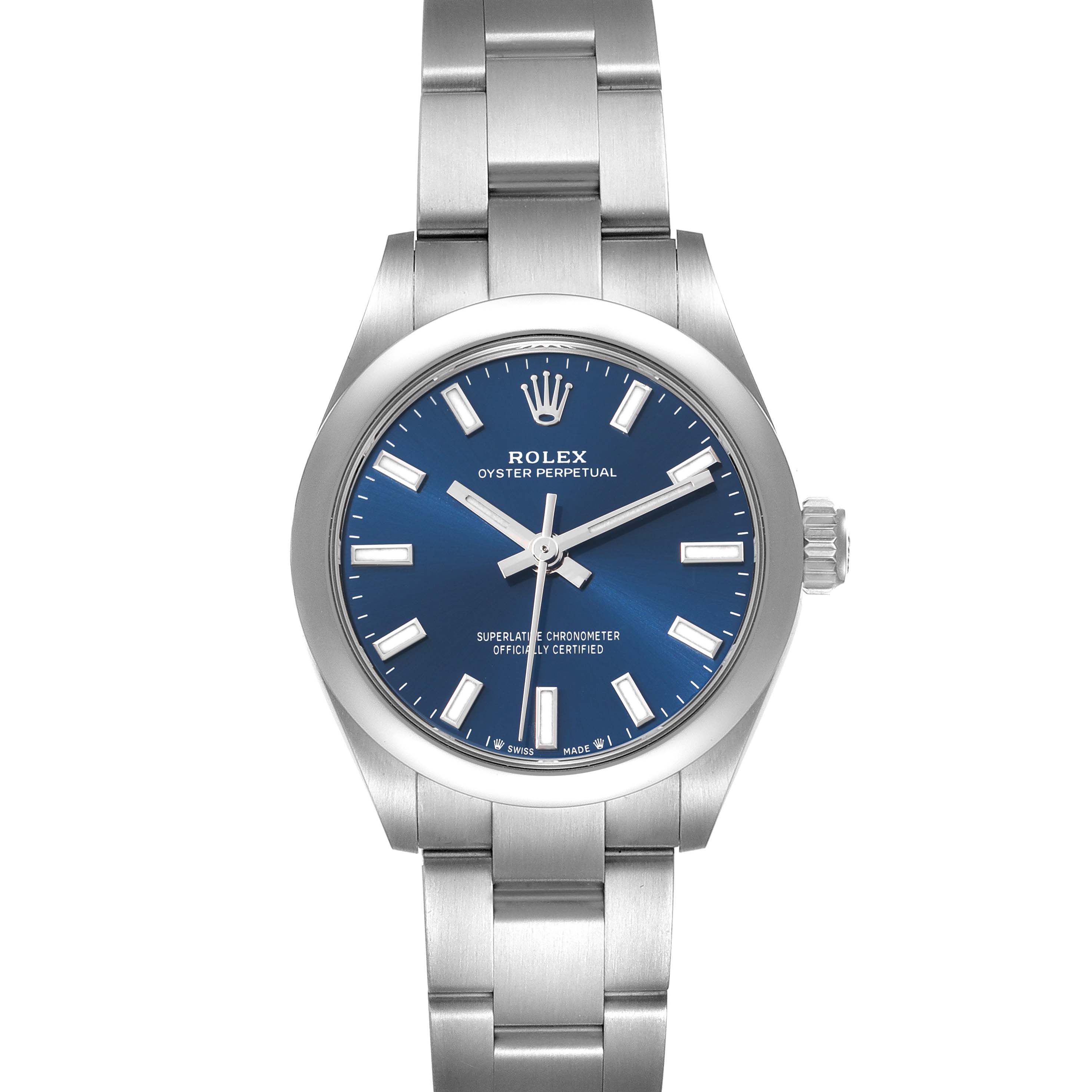 The Rolex Oyster Perpetual 276200 Women
s Stainless Steel Blue Dial watch is shown from a front angle, highlighting its dial, bezel, bracelet, and crown.