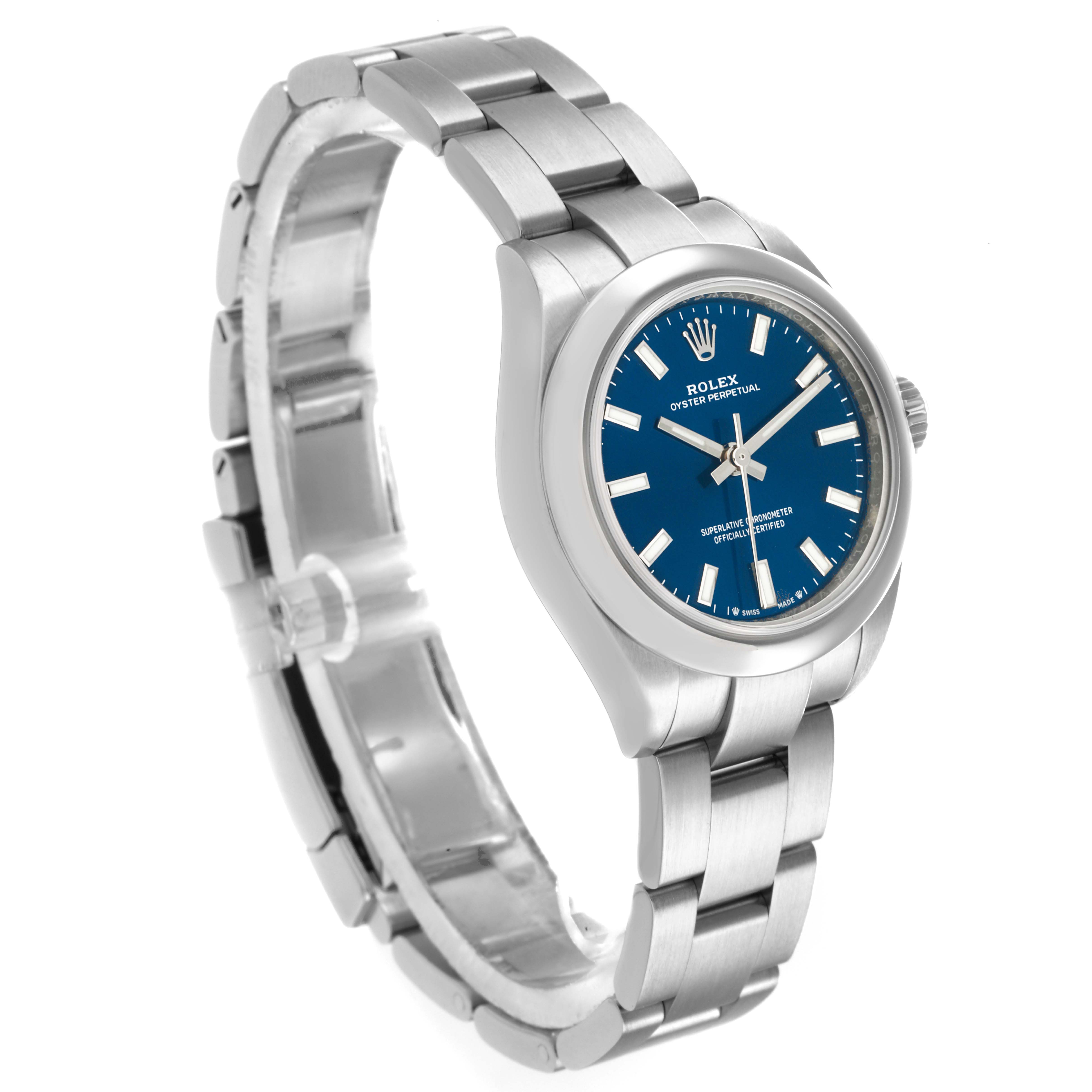 The Rolex Oyster Perpetual 276200 Women
s Stainless Steel Blue Dial watch is shown at a side angle, displaying the face, bezel, and bracelet.