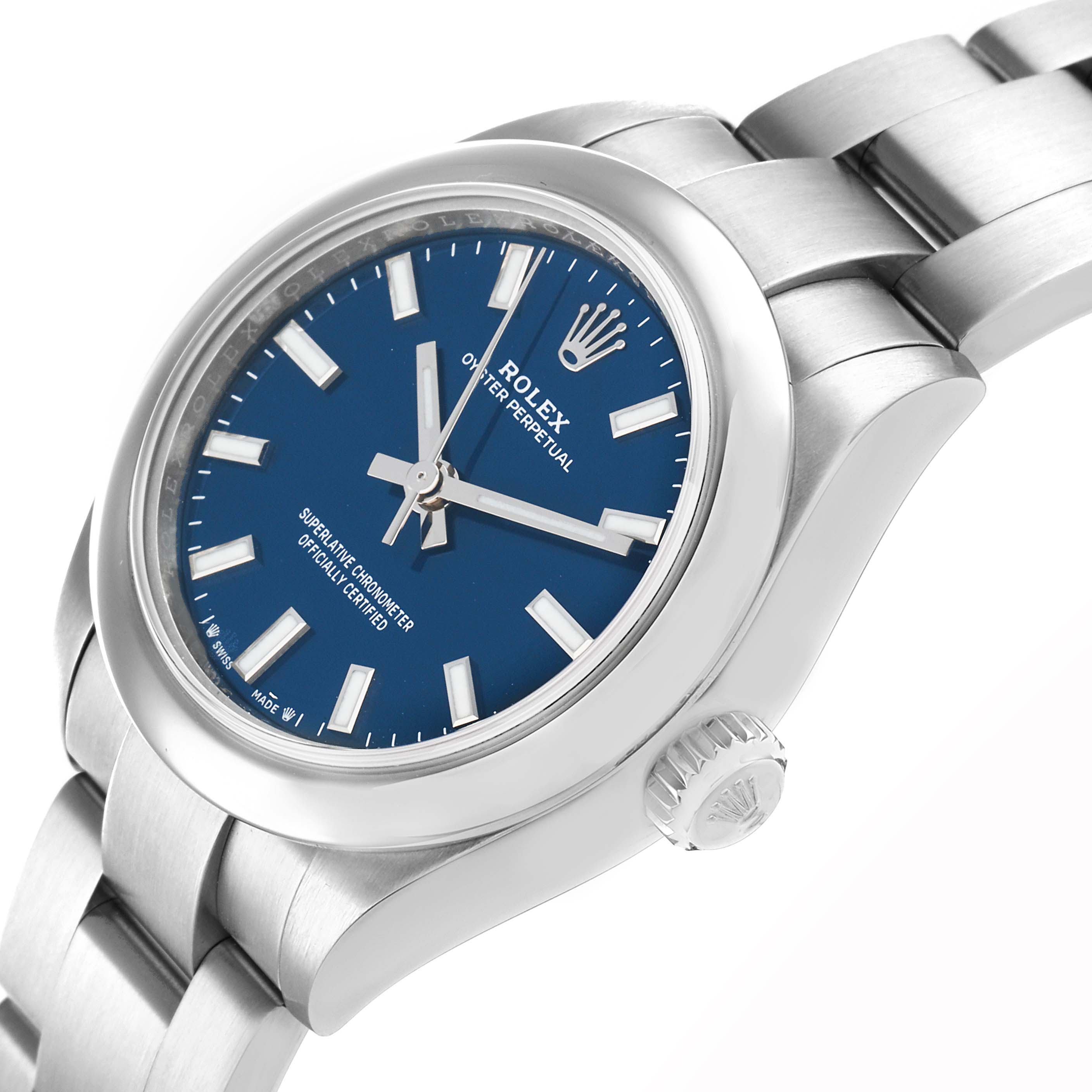 The Rolex Oyster Perpetual 276200 Women
s Stainless Steel Blue Dial watch is shown from a three-quarter angle, displaying the dial, case, crown, and bracelet.