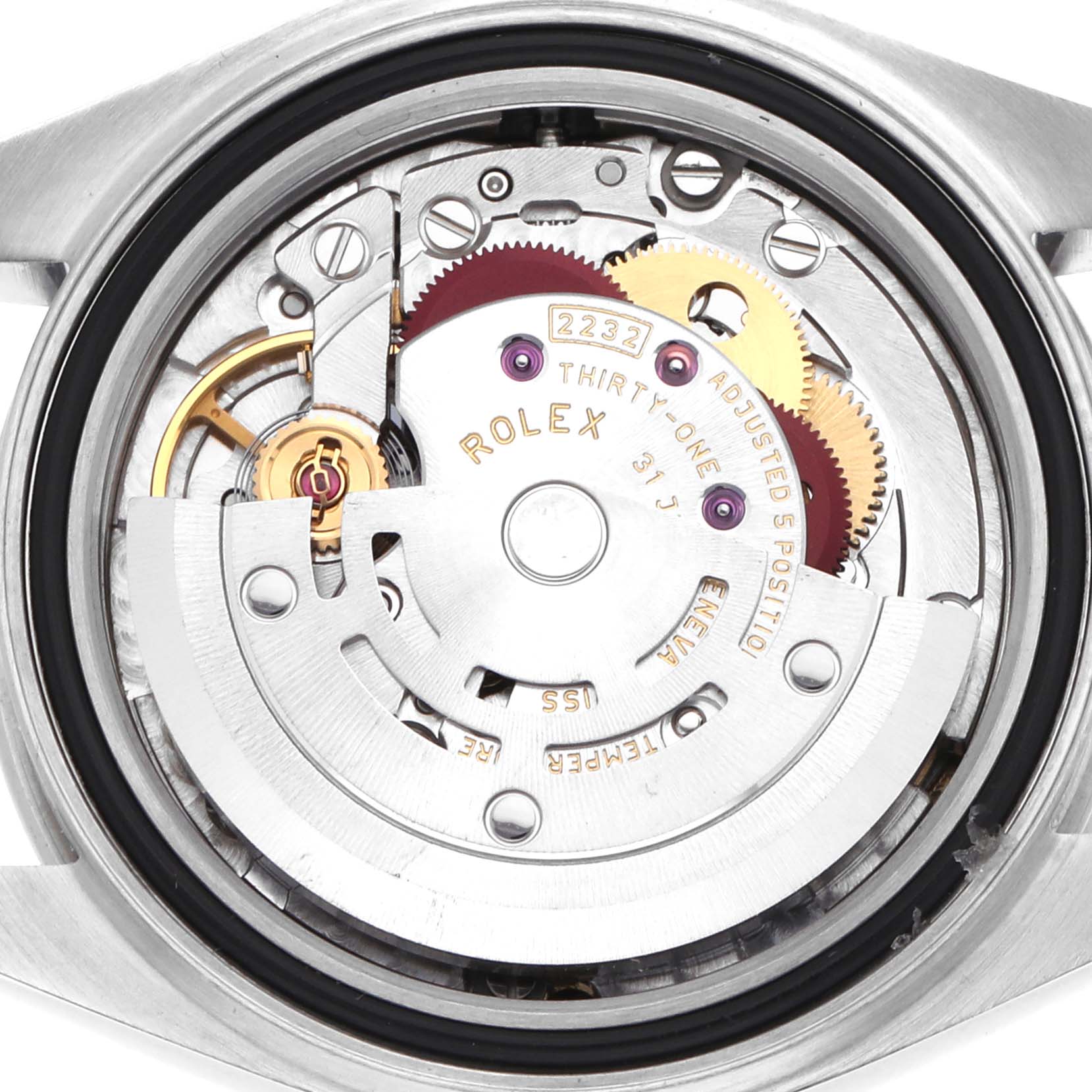 The image shows the internal mechanism of a Rolex Oyster Perpetual 276200 Women
s Stainless Steel Blue Dial watch from a back view angle.