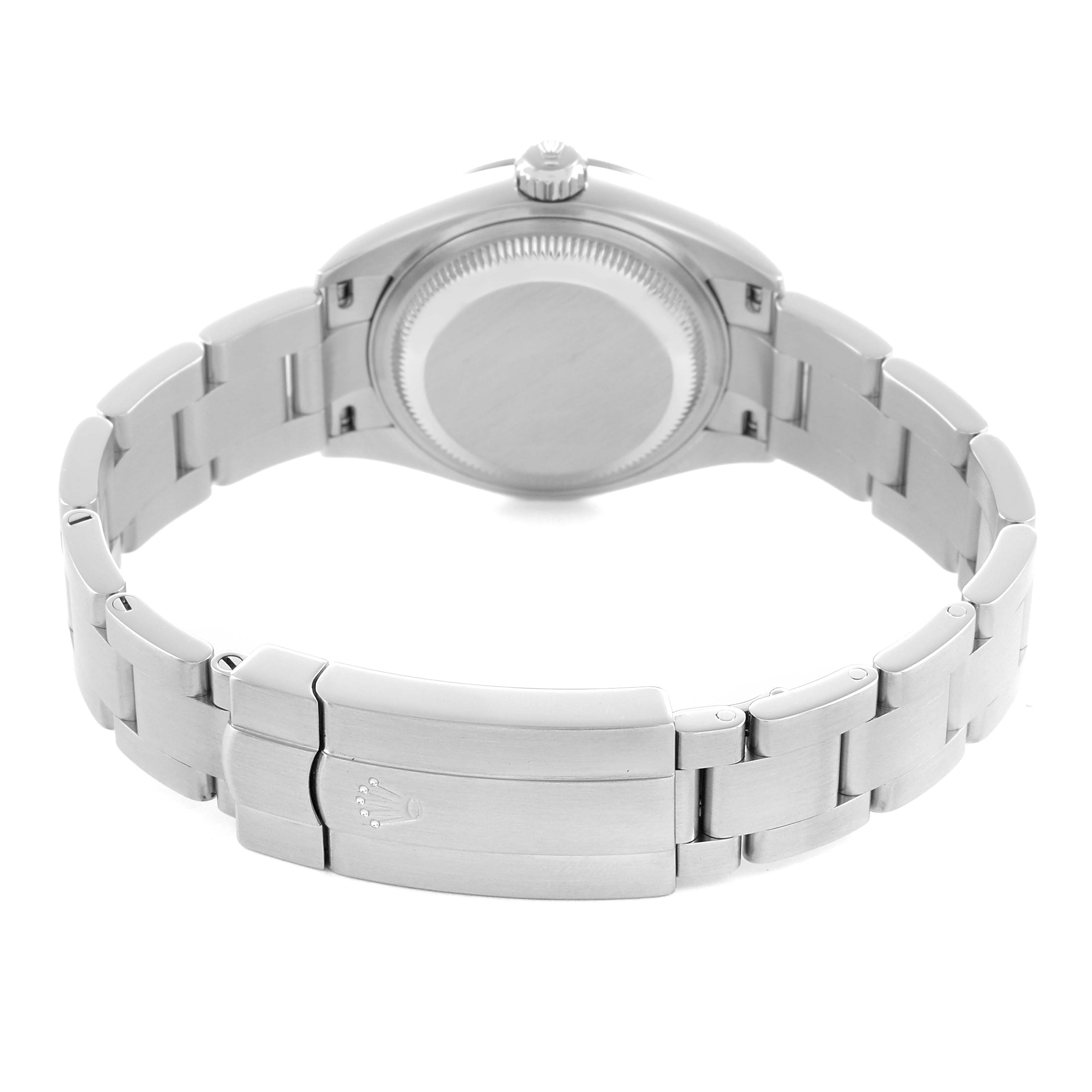 The image shows the back view of a Rolex Oyster Perpetual 276200 Women
s Stainless Steel Blue Dial watch, focusing on the case back and bracelet clasp.