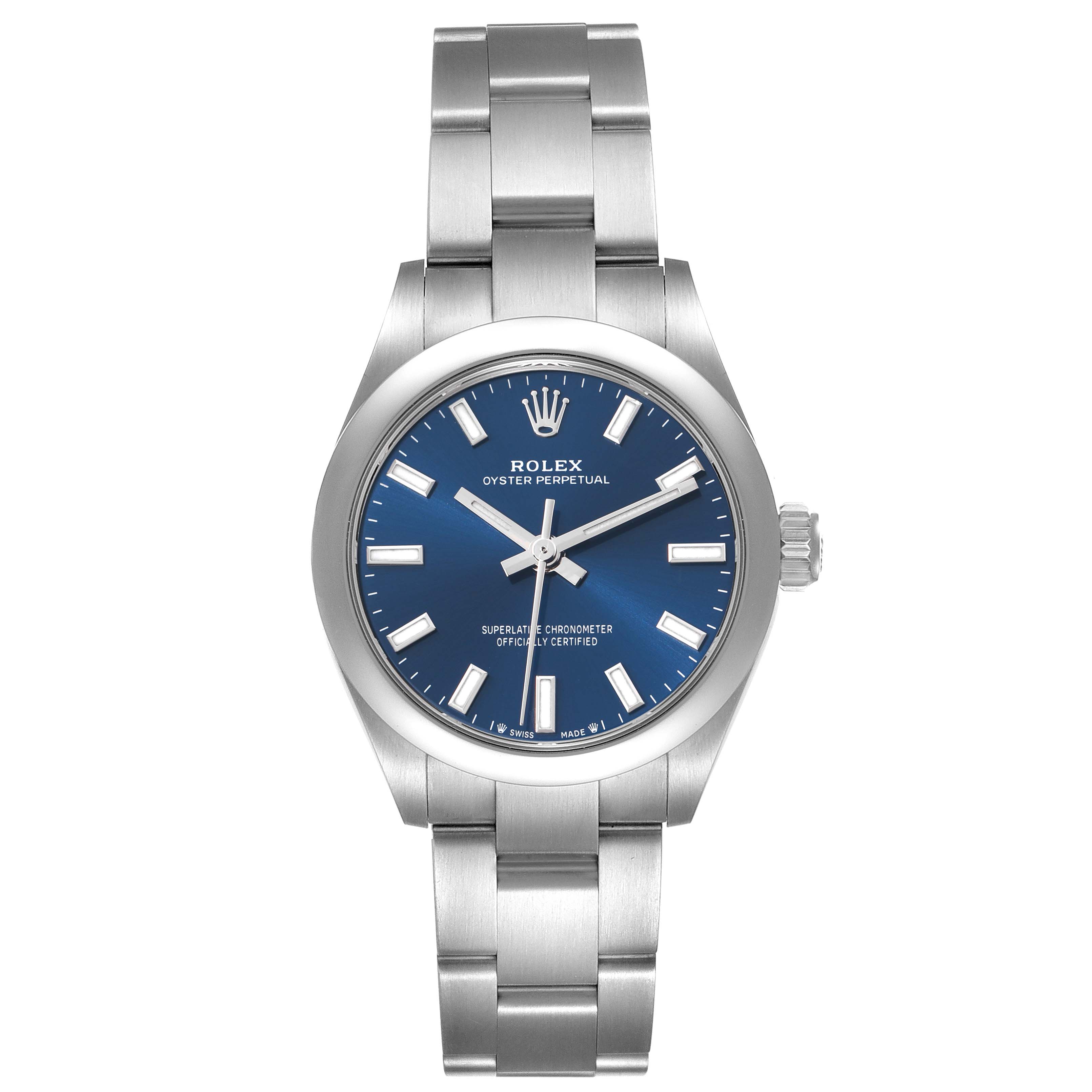 The Rolex Oyster Perpetual 276200 Women
s Stainless Steel Blue Dial watch is shown from a top-down angle, displaying the blue dial, hands, markers, crown, and bracelet.