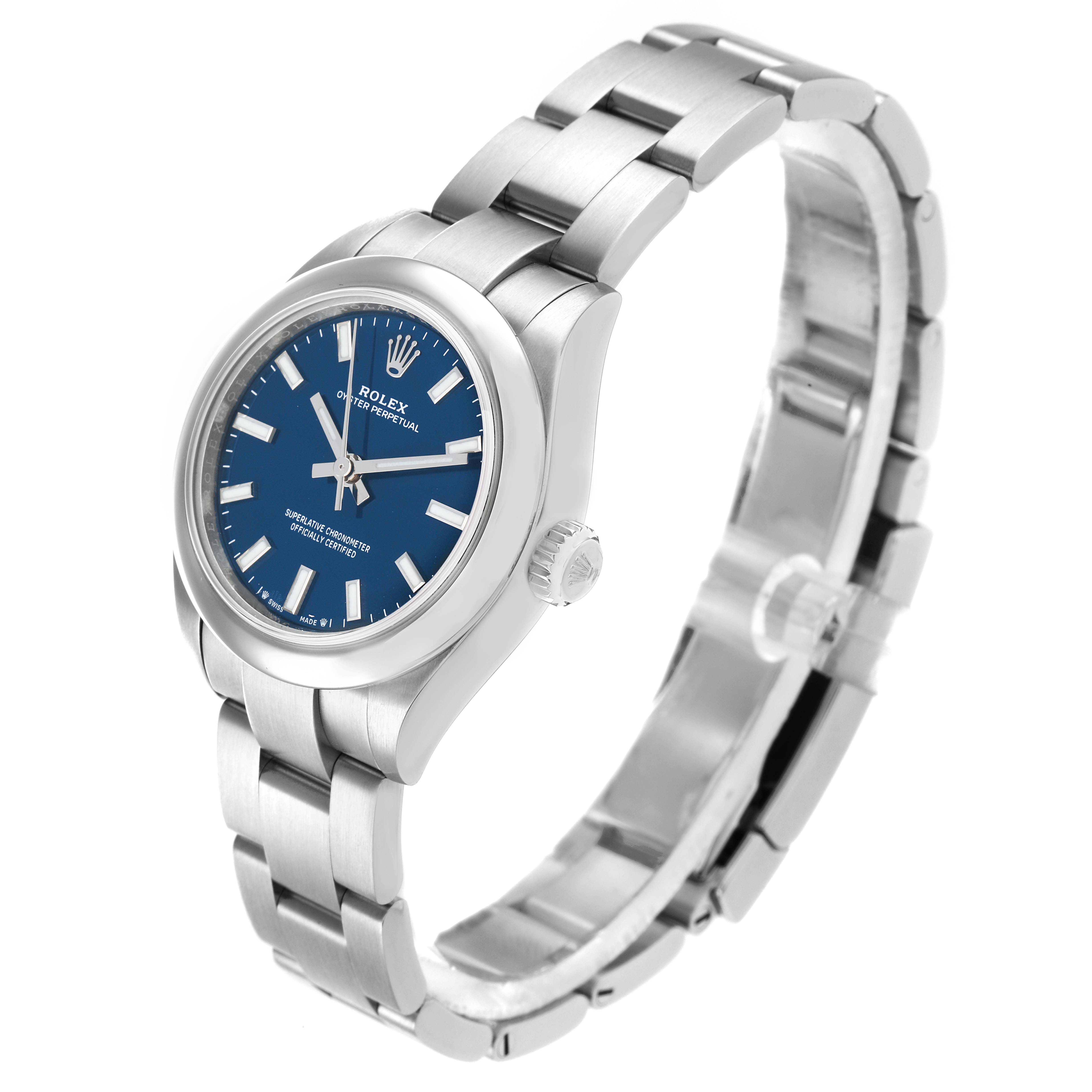 The Rolex Oyster Perpetual 276200 Women
s Stainless Steel Blue Dial watch is shown at a three-quarter angle, highlighting the dial, bezel, crown, and bracelet.