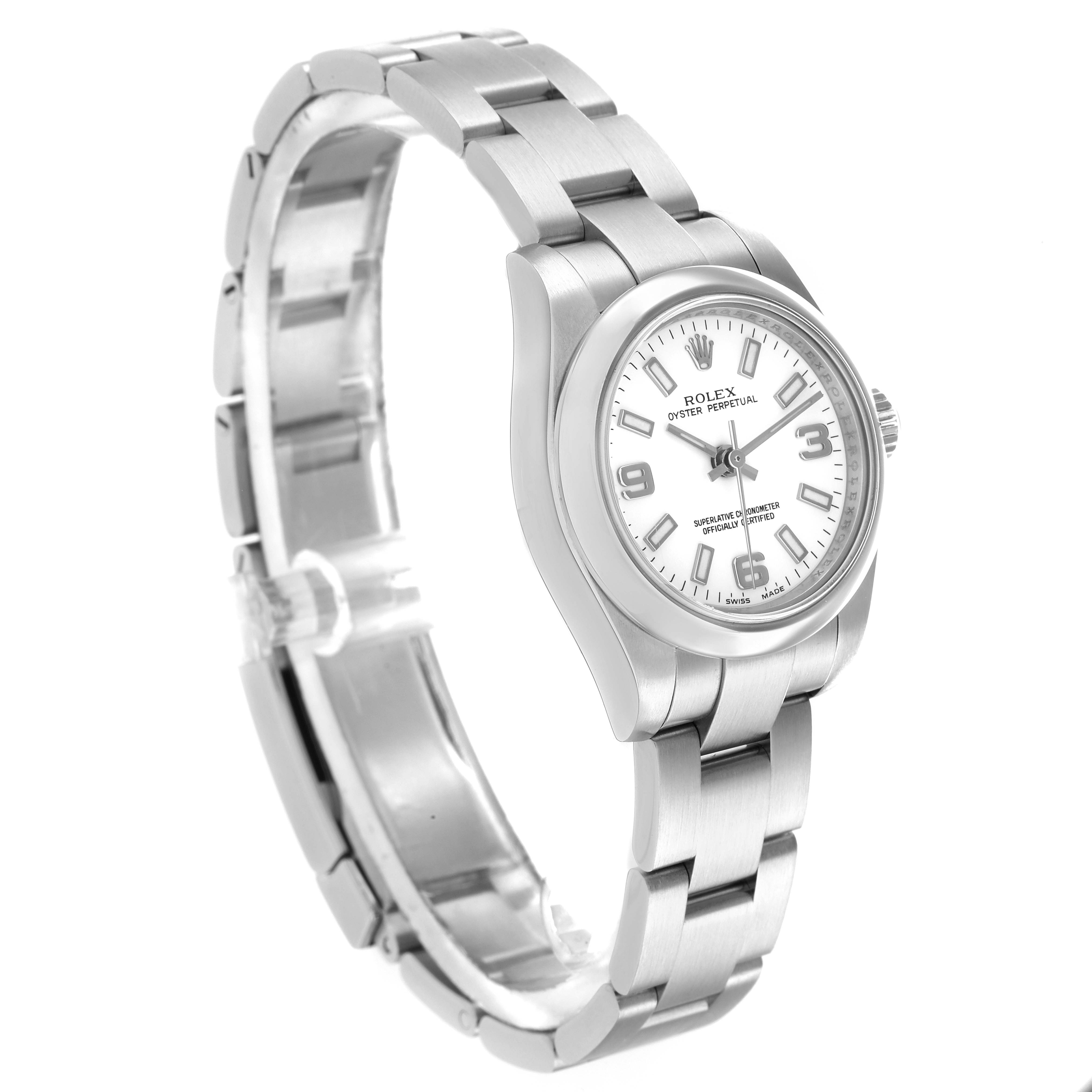 The Rolex Oyster Perpetual 176200 Women
s Stainless Steel White Dial watch is shown at a three-quarter angle, showcasing the face, bezel, and stainless steel strap.