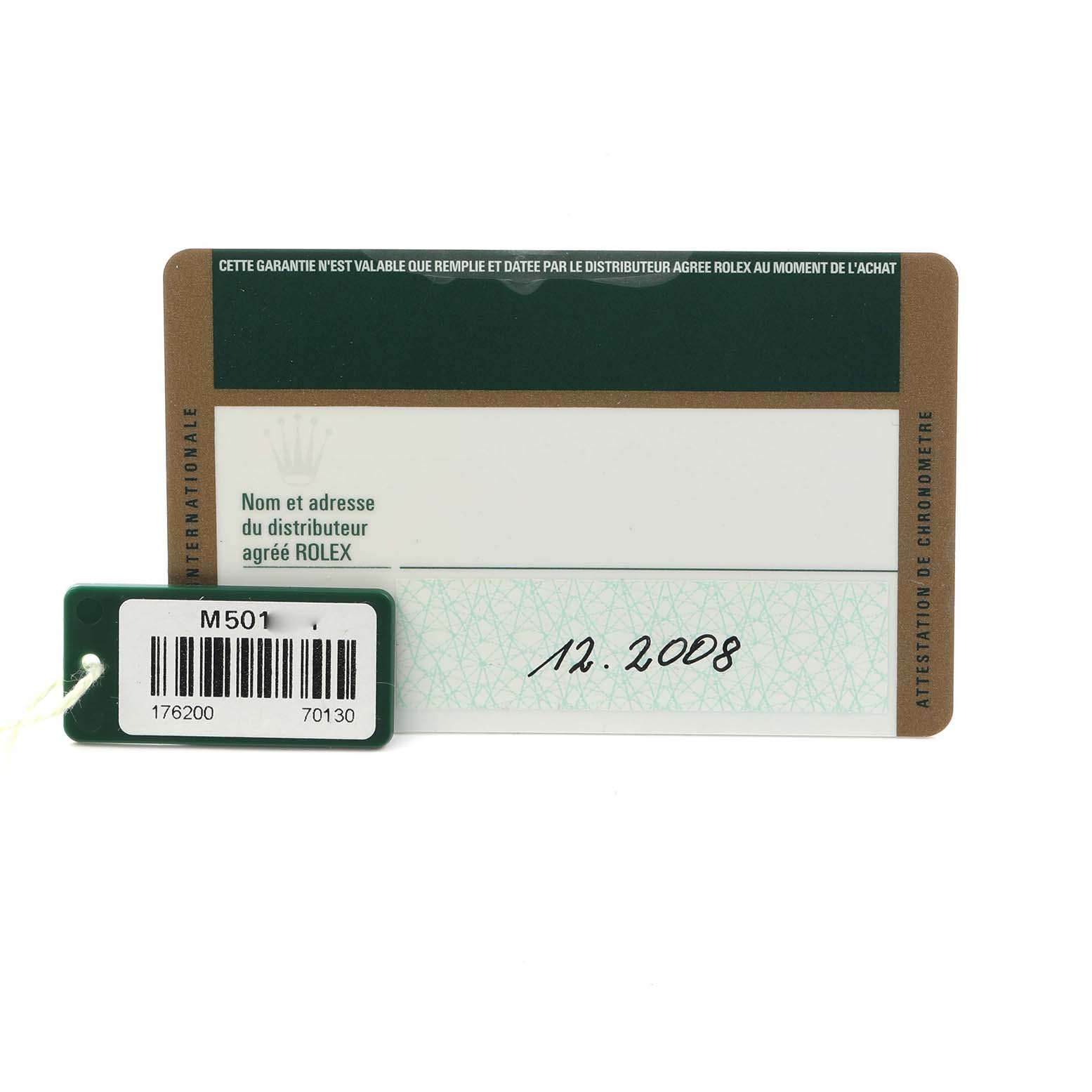 The image shows a Rolex Oyster Perpetual 176200 Women
s Stainless Steel White Dial tag and warranty card with a visible date, viewed from the front.