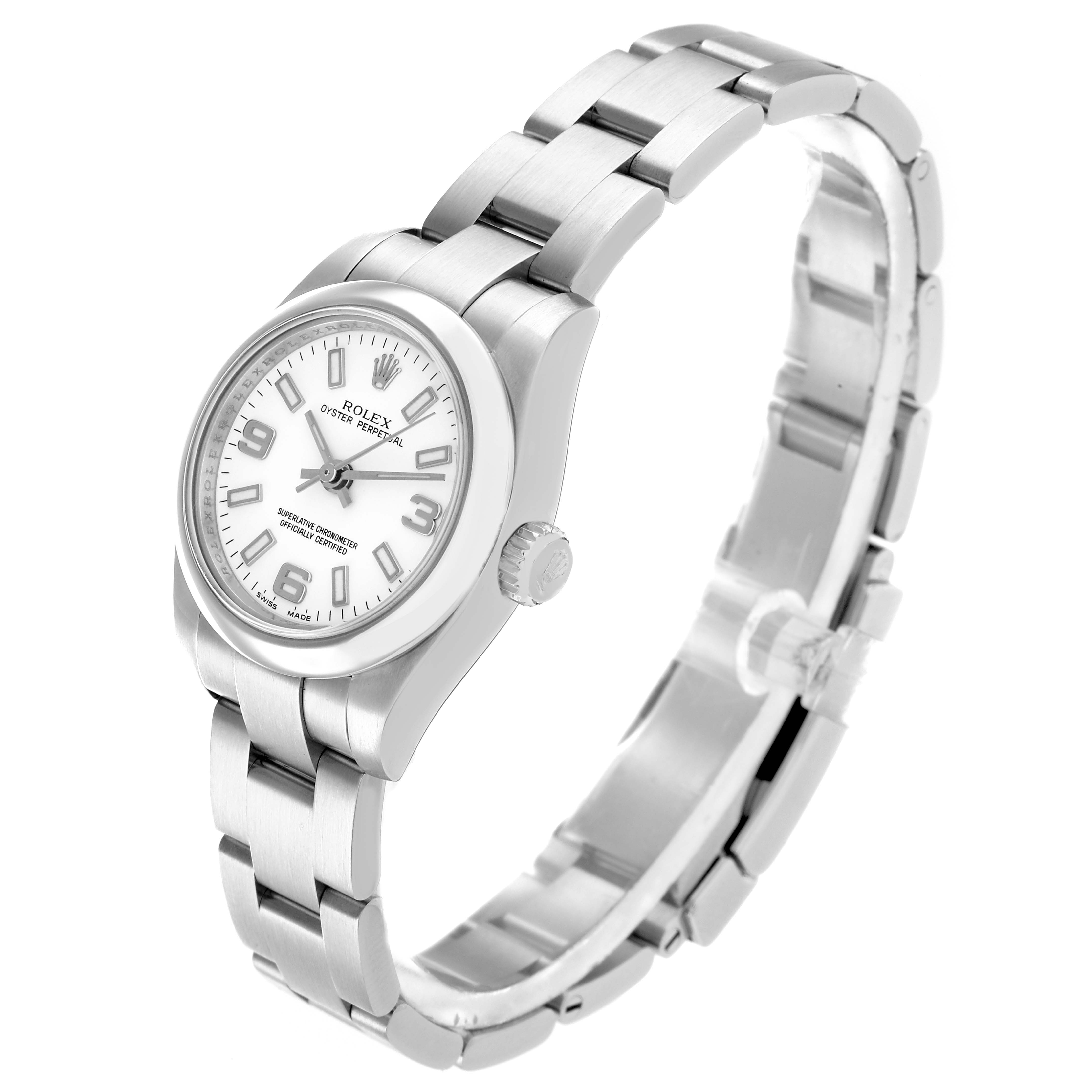 The Rolex Oyster Perpetual 176200 Women
s Stainless Steel White Dial watch is shown at an angled side view, displaying its face, bezel, crown, and bracelet.