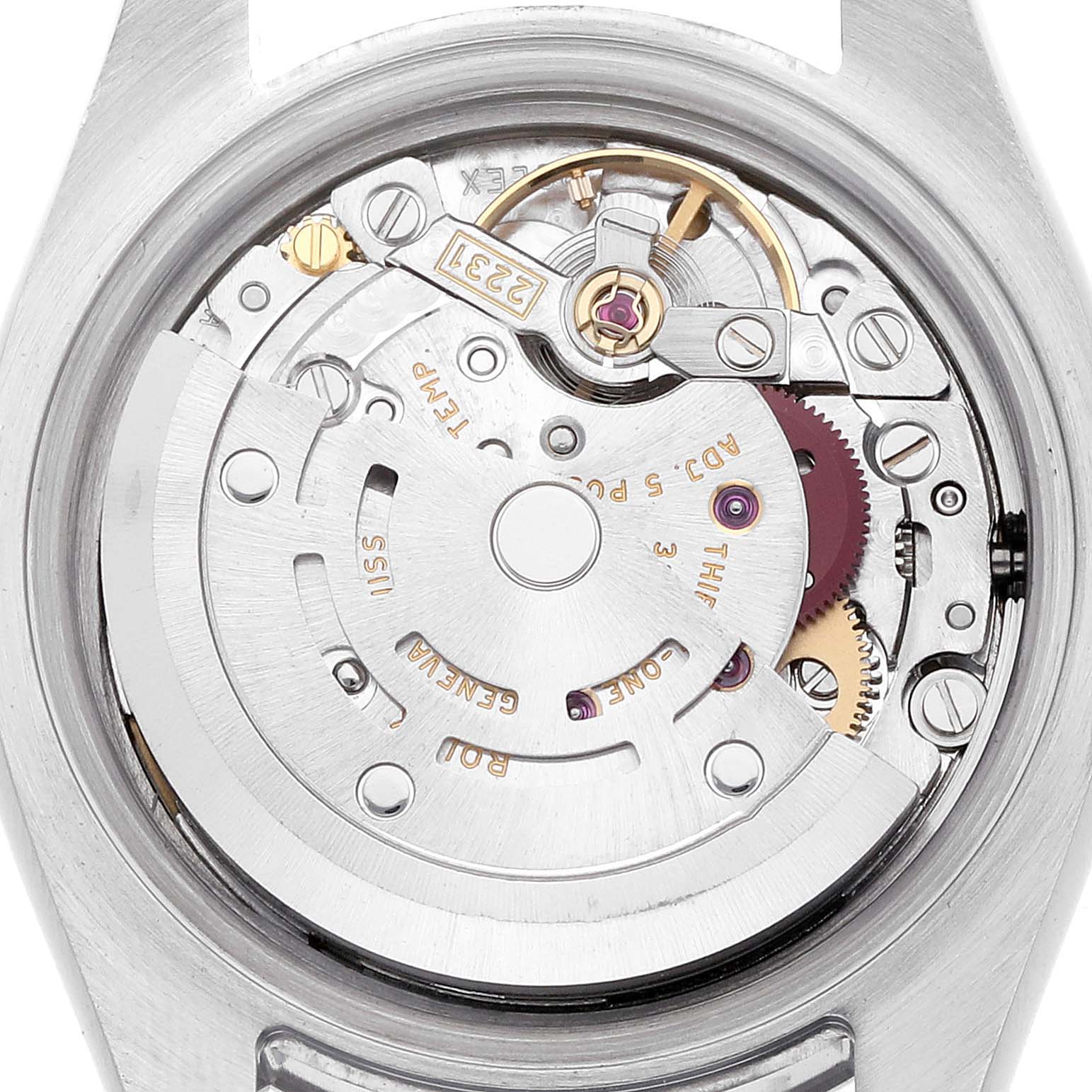 The image shows the movement from the back of a Rolex Oyster Perpetual 176200 Women
s Stainless Steel White Dial, highlighting its intricate mechanical components.