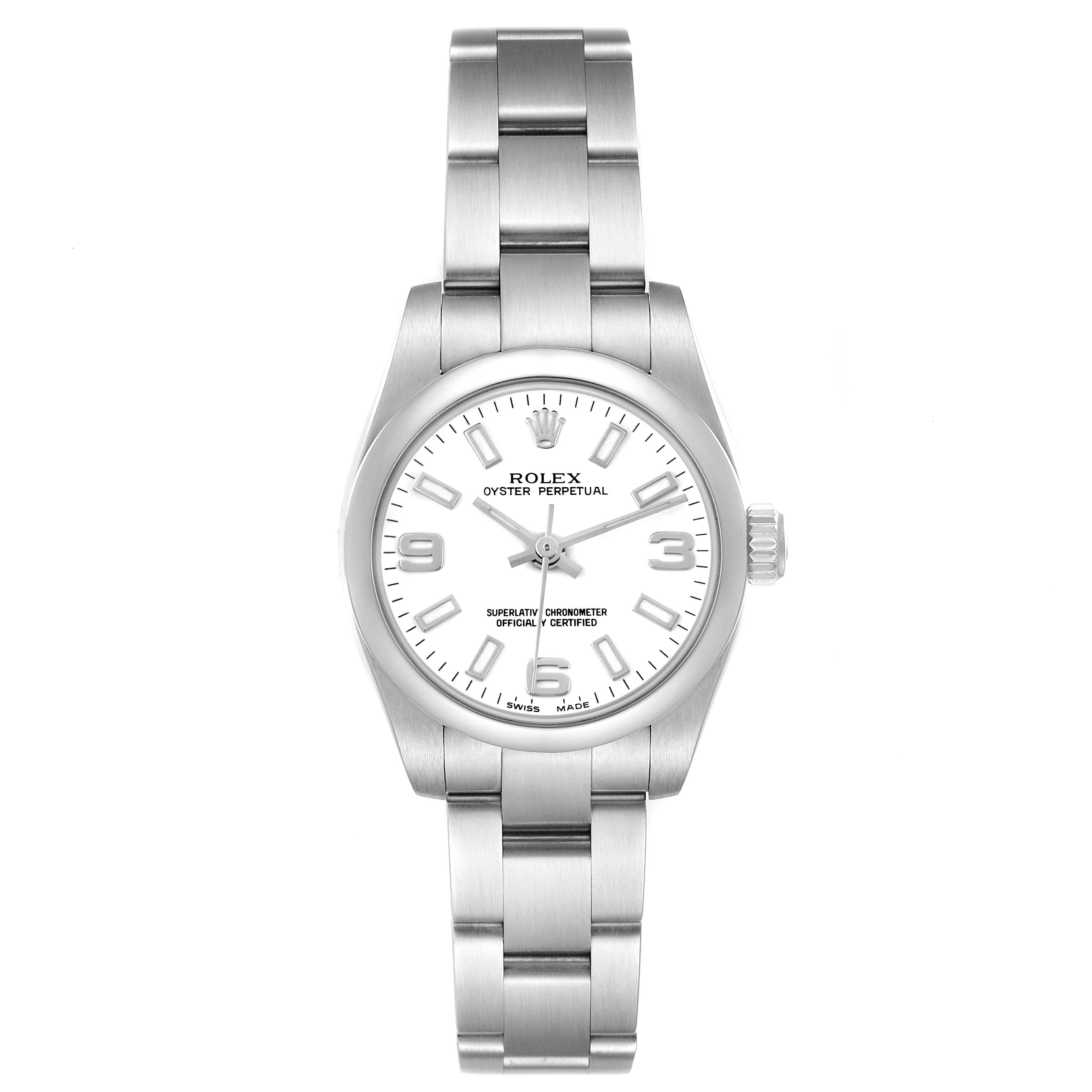 The Rolex Oyster Perpetual 176200 Women
s Stainless Steel White Dial watch is shown from a top-down angle, displaying the face, bezel, and bracelet.
