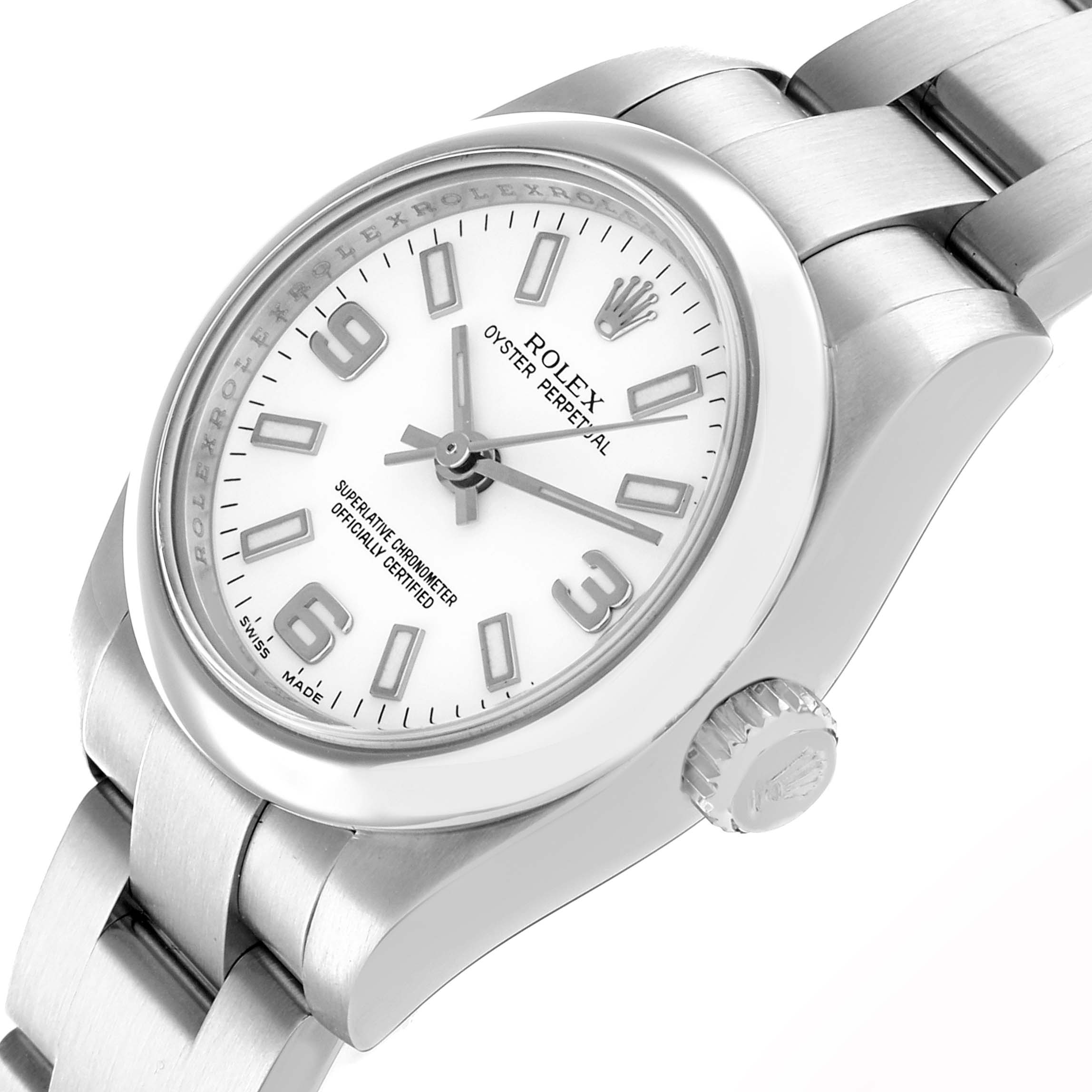 The Rolex Oyster Perpetual 176200 Women
s Stainless Steel White Dial watch is shown at a slight angle, revealing the face, bezel, case, crown, and part of the bracelet.