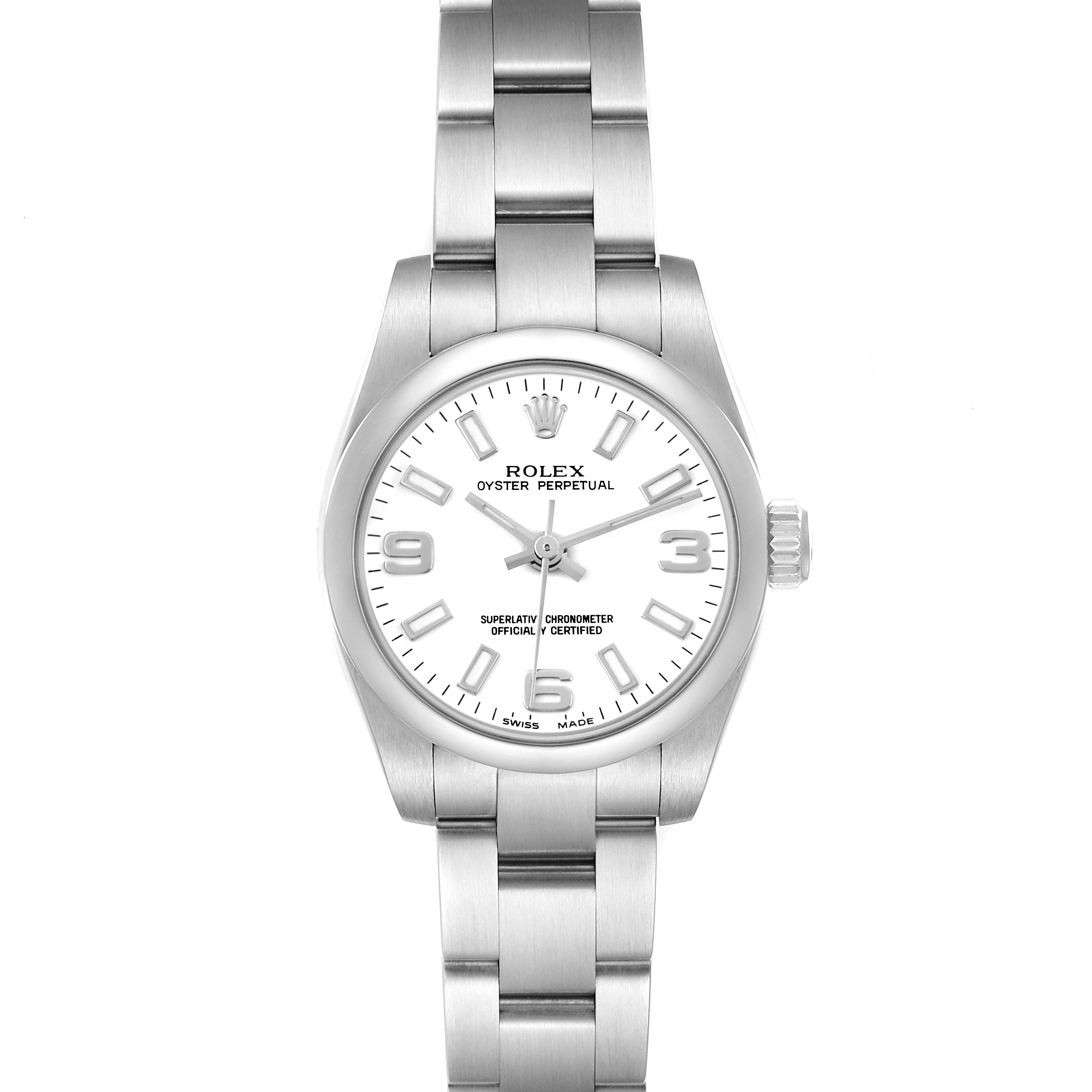The Rolex Oyster Perpetual 176200 Women
s Stainless Steel White Dial watch is shown from a top view, highlighting the face, bezel, bracelet, and crown.