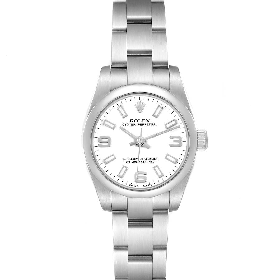 The Rolex Oyster Perpetual 176200 Women's Stainless Steel White Dial watch is shown from a top view, highlighting the face, bezel, bracelet, and crown.