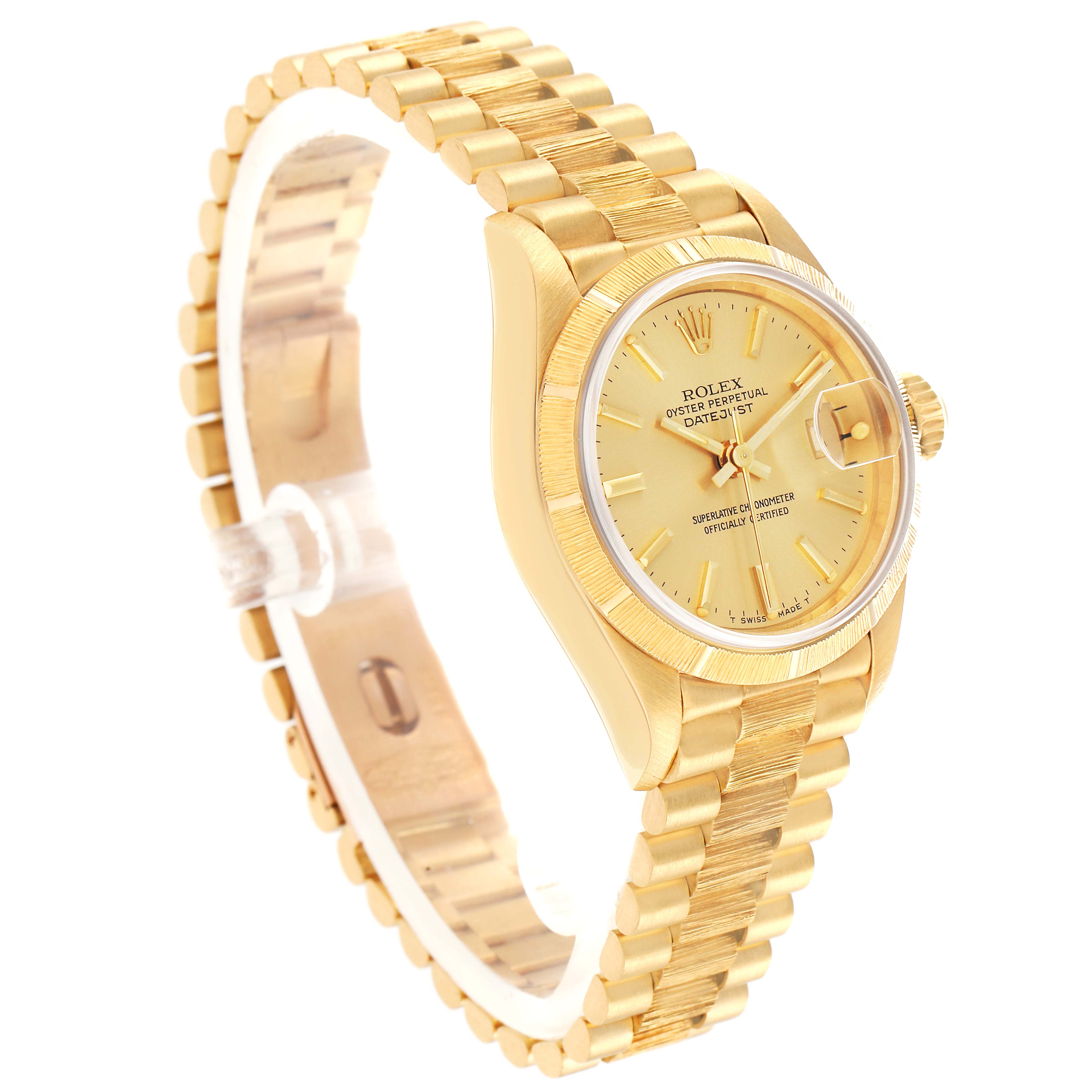 The Rolex President 69278 Women
s Yellow Gold Champagne Dial model is shown at an angle highlighting the bracelet, case, and dial with clear details.
