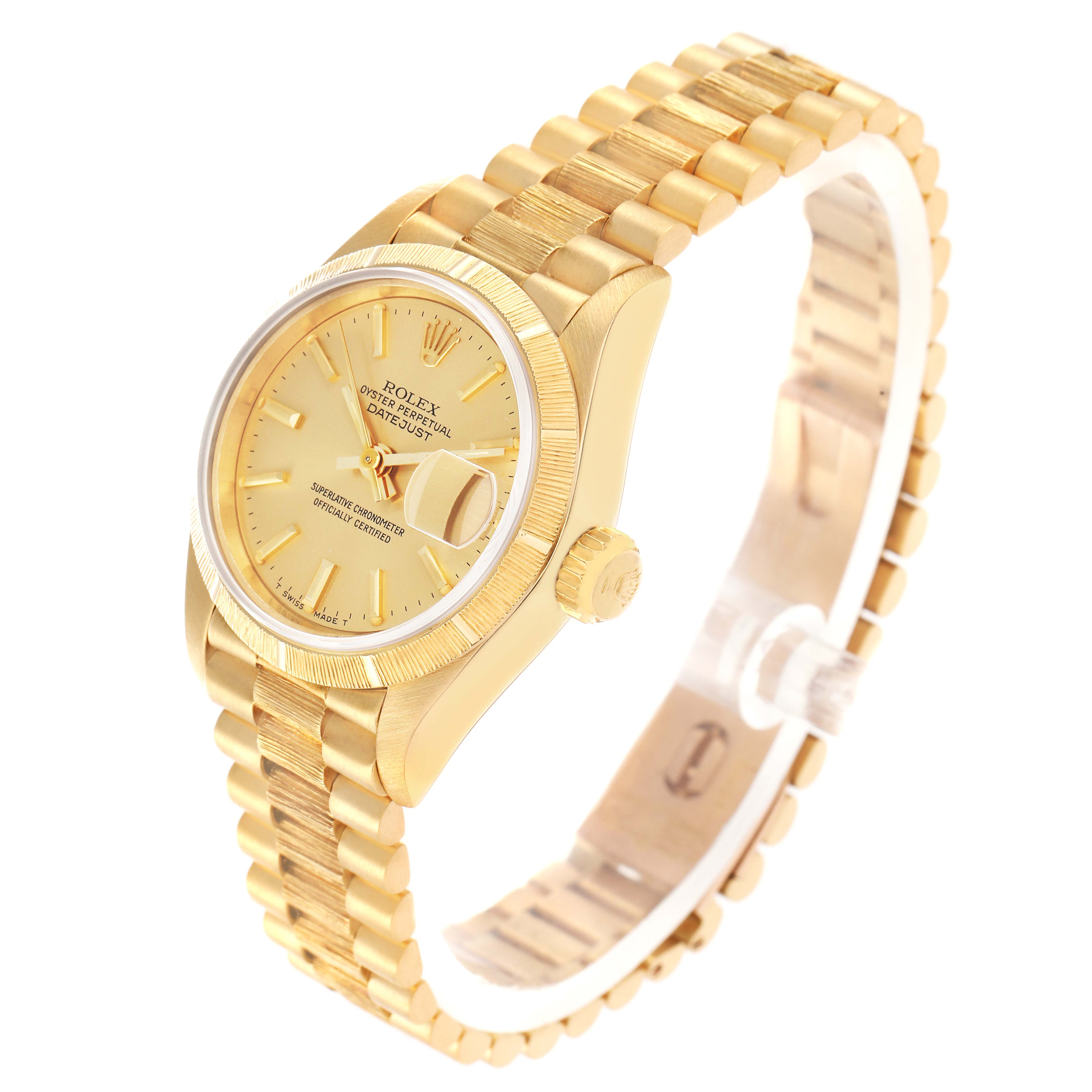 The Rolex President 69278 Women
s Yellow Gold Champagne Dial model is shown at an angled view, highlighting the face, crown, and gold bracelet.
