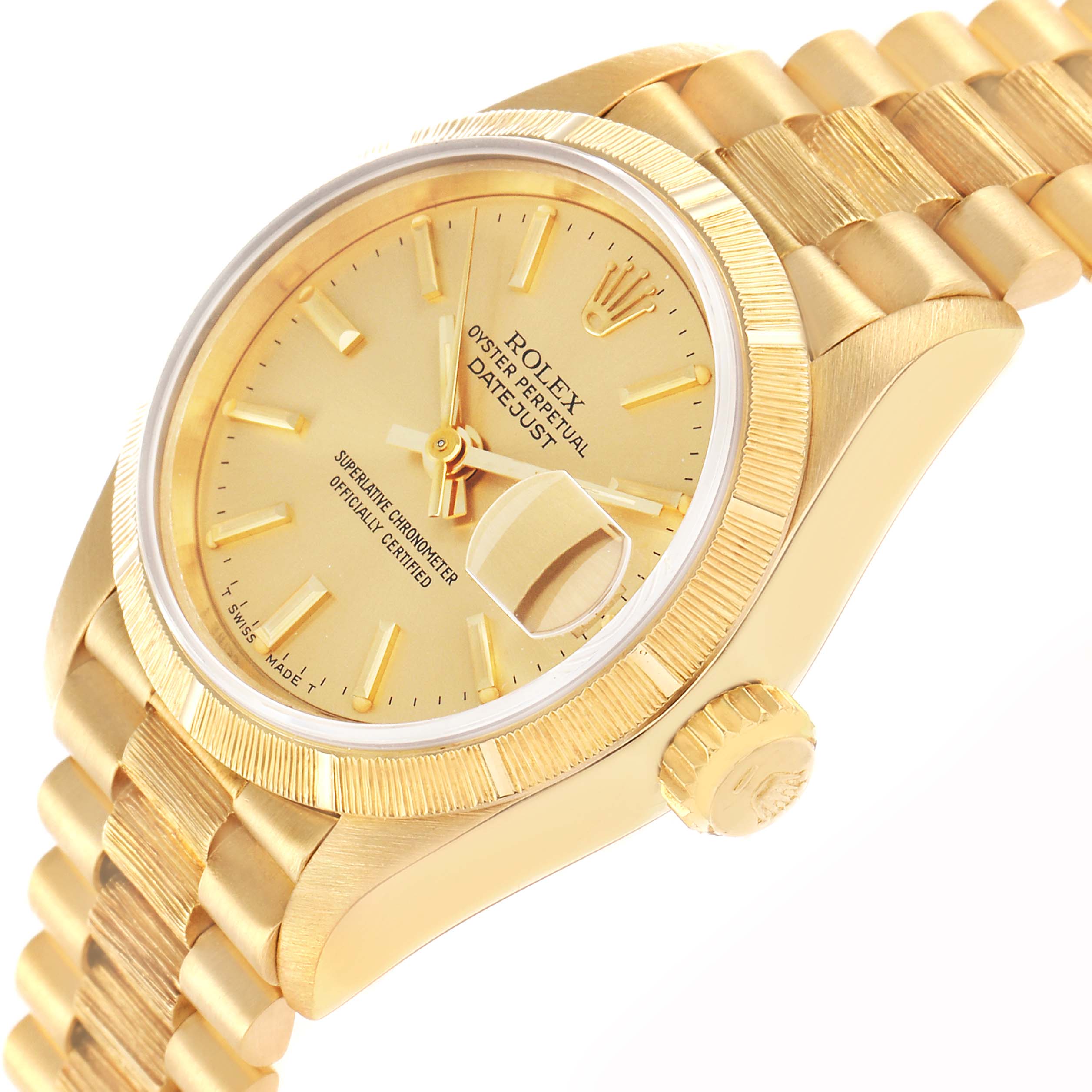 The Rolex President 69278 Women
s Yellow Gold Champagne Dial model is shown at an angled side view, displaying the face, bezel, crown, and part of the band.