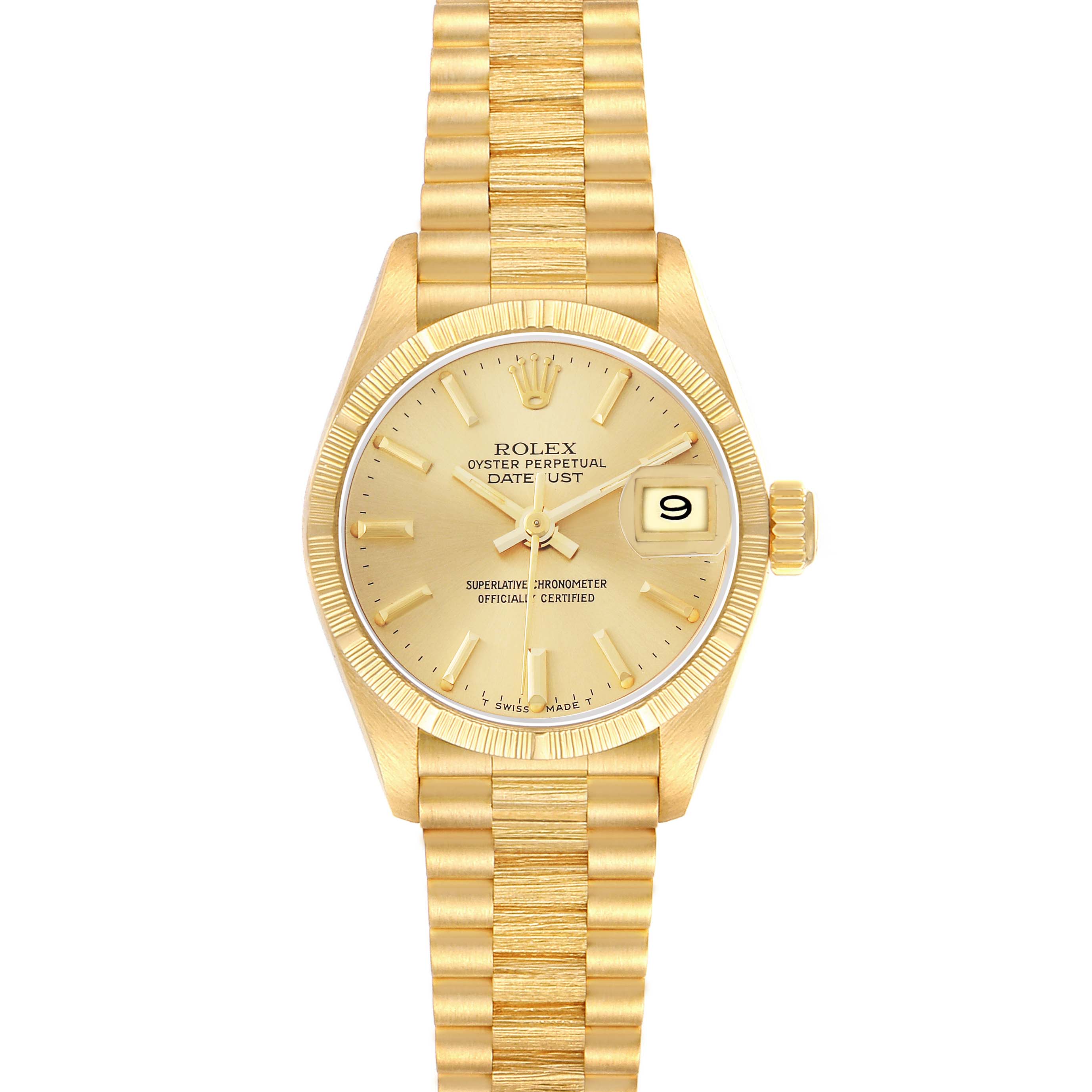 The Rolex President 69278 Women
s Yellow Gold Champagne Dial model is shown from the front, displaying the dial, hands, date window, case, bezel, and bracelet.