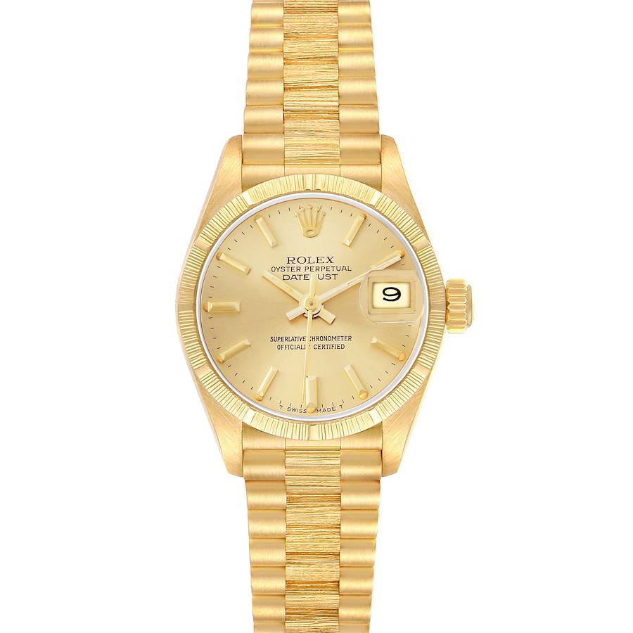 The Rolex President 69278 Women's Yellow Gold Champagne Dial model is shown from the front, displaying the dial, hands, date window, case, bezel, and bracelet.