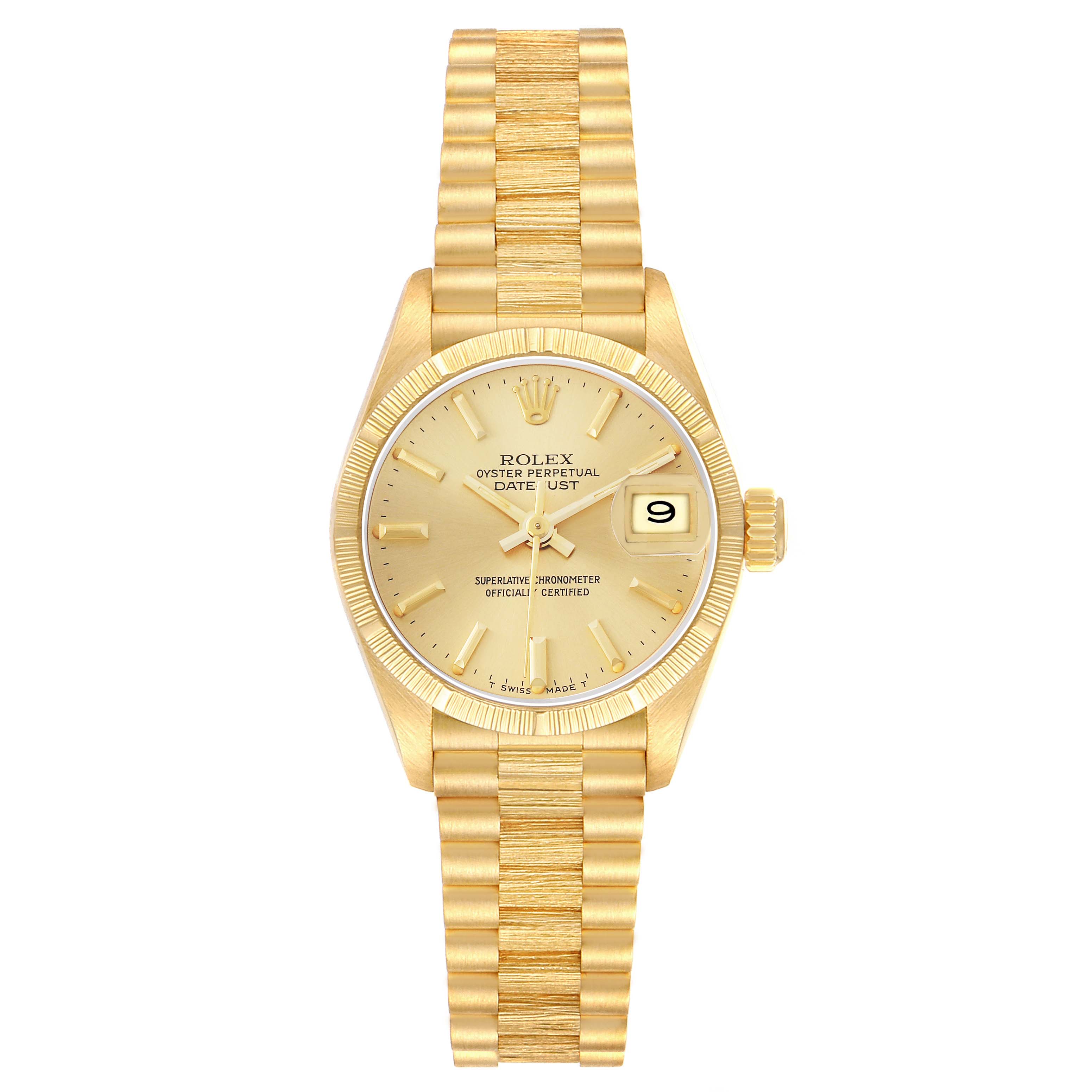 The Rolex President 69278 Women
s Yellow Gold Champagne Dial model is shown from the front, featuring a gold dial, fluted bezel, and day-date display on its bracelet.