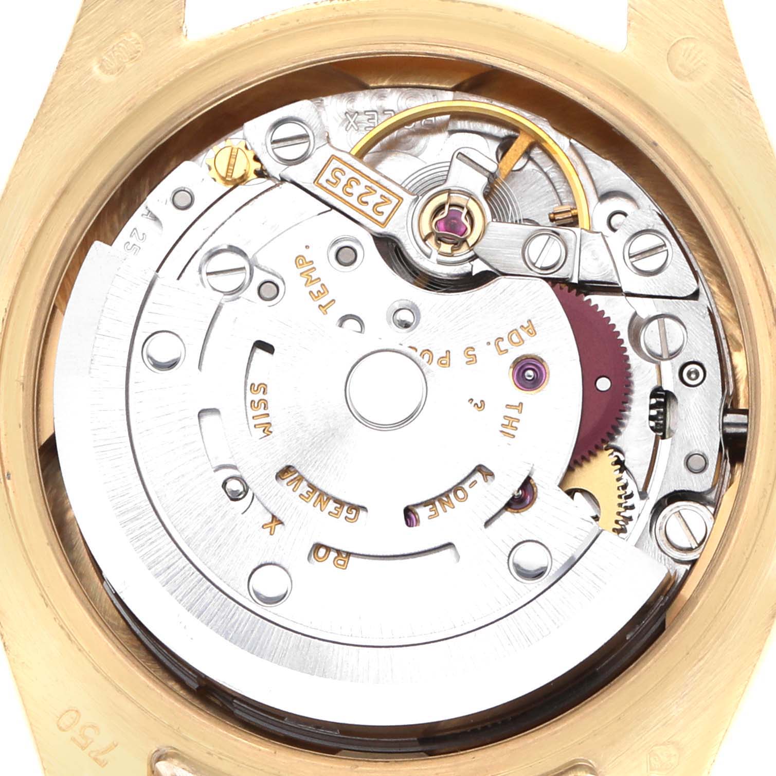 The image shows the movement and internal mechanism of a Rolex President 179178 Women
s Yellow Gold Champagne Dial model watch from the back angle.