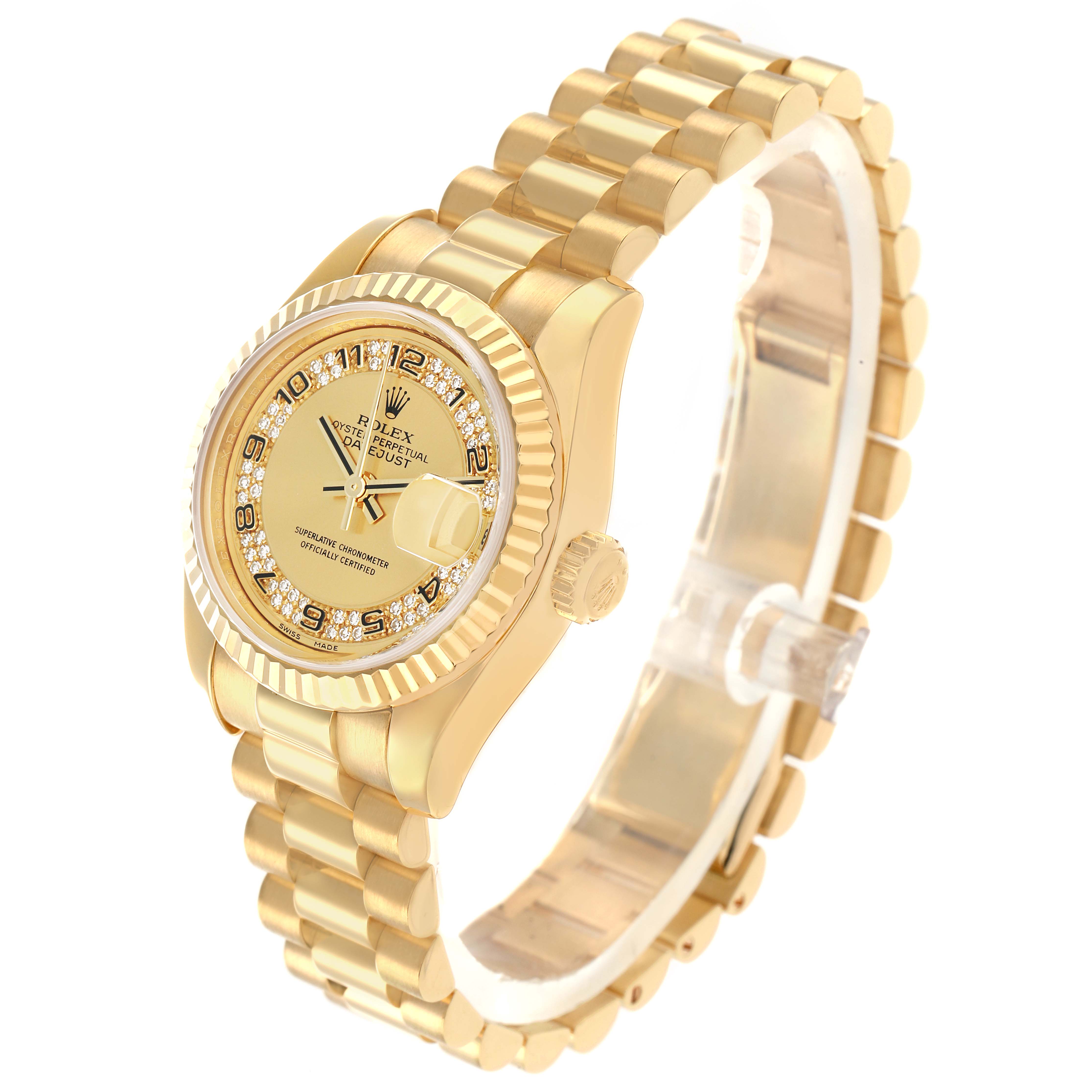 The Rolex President 179178 Women
s Yellow Gold Champagne Dial watch is shown at a three-quarter angle, highlighting the bracelet, dial, fluted bezel, and crown.