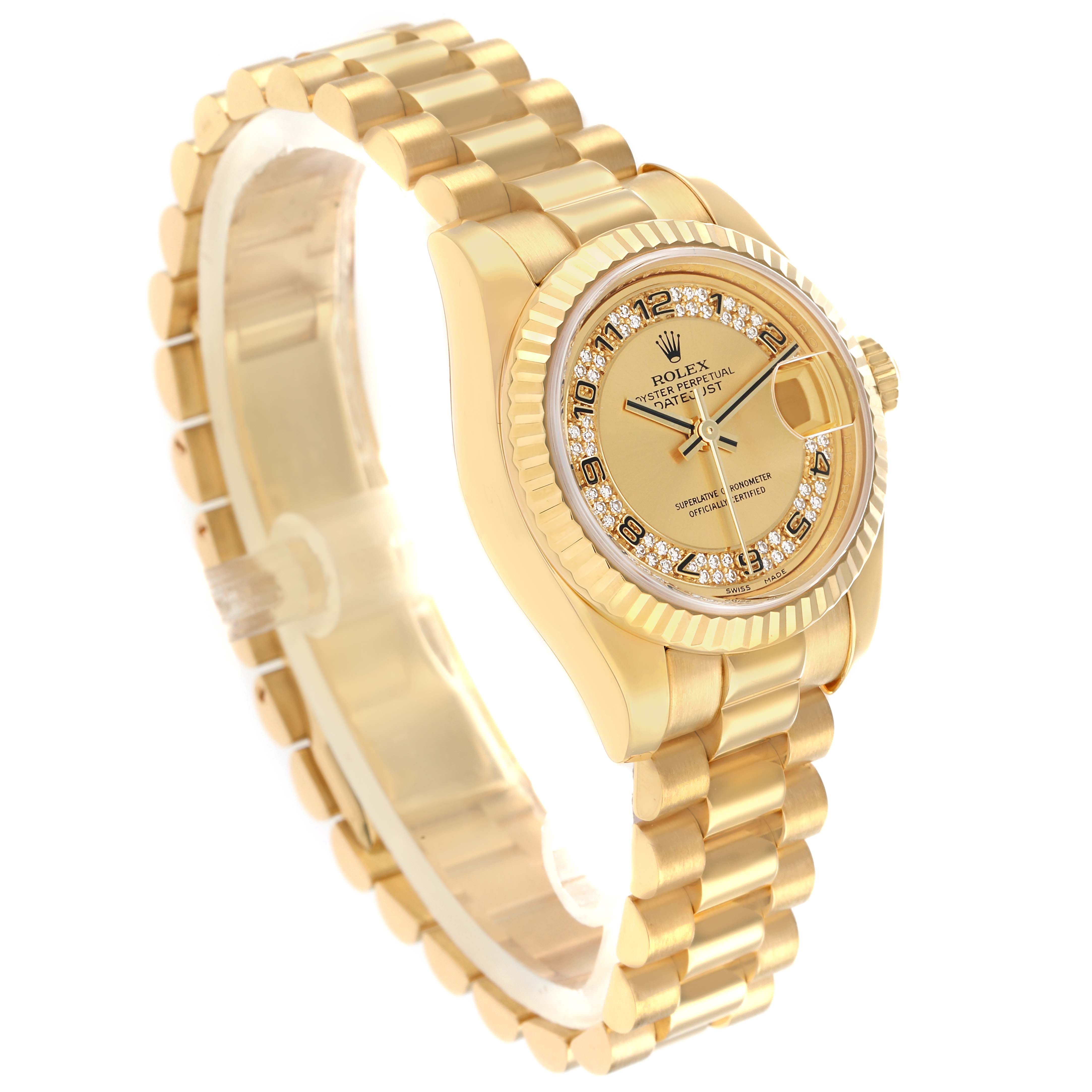 The Rolex President 179178 Women
s Yellow Gold Champagne Dial model watch is shown at an angle highlighting the face, bezel, and bracelet.