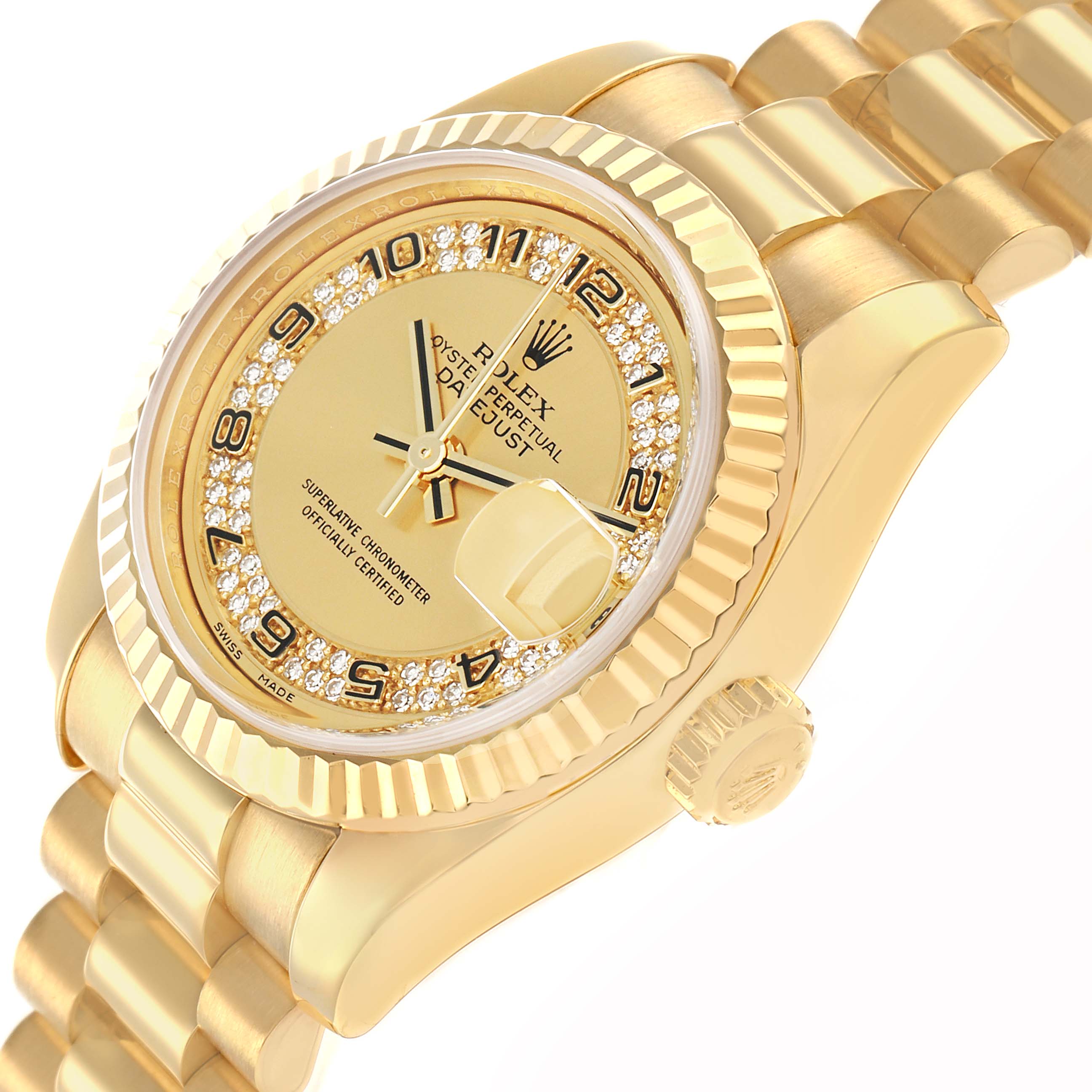 The image shows a Rolex President 179178 Women
s Yellow Gold Champagne Dial watch at a tilted angle, highlighting its gold bracelet, fluted bezel, and diamond-set dial.