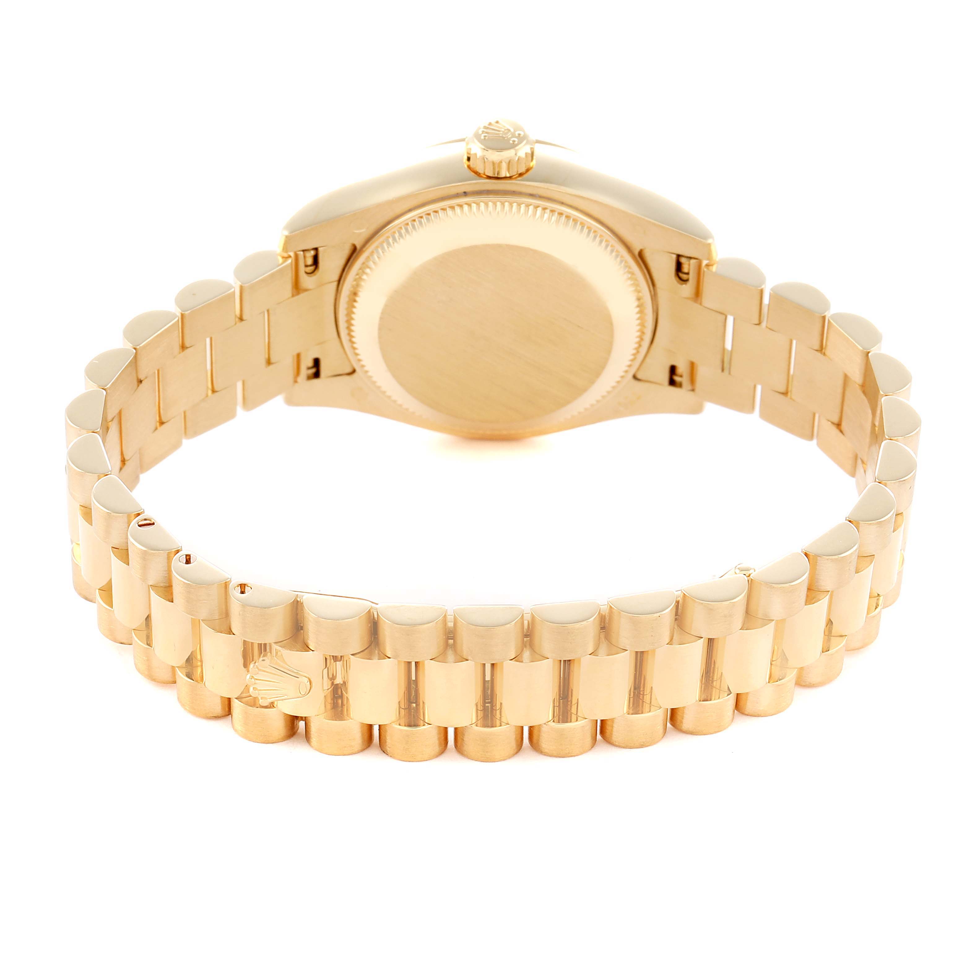 The image shows the back and bracelet of a Rolex President 179178 Women
s Yellow Gold Champagne Dial model watch from a rear angle.