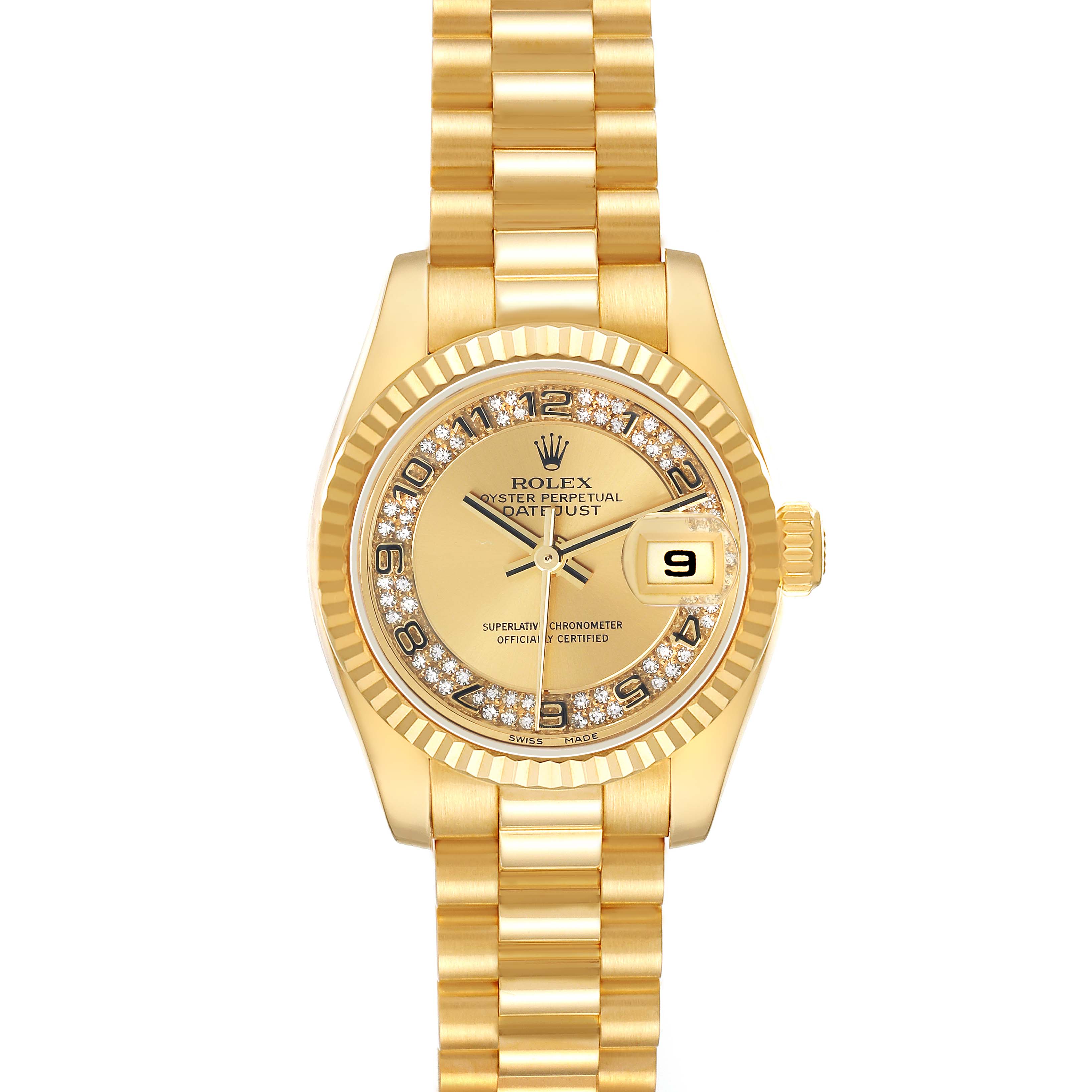 The Rolex President 179178 Women
s Yellow Gold Champagne Dial watch is shown from a top view, highlighting the dial, bezel, bracelet, and crown.