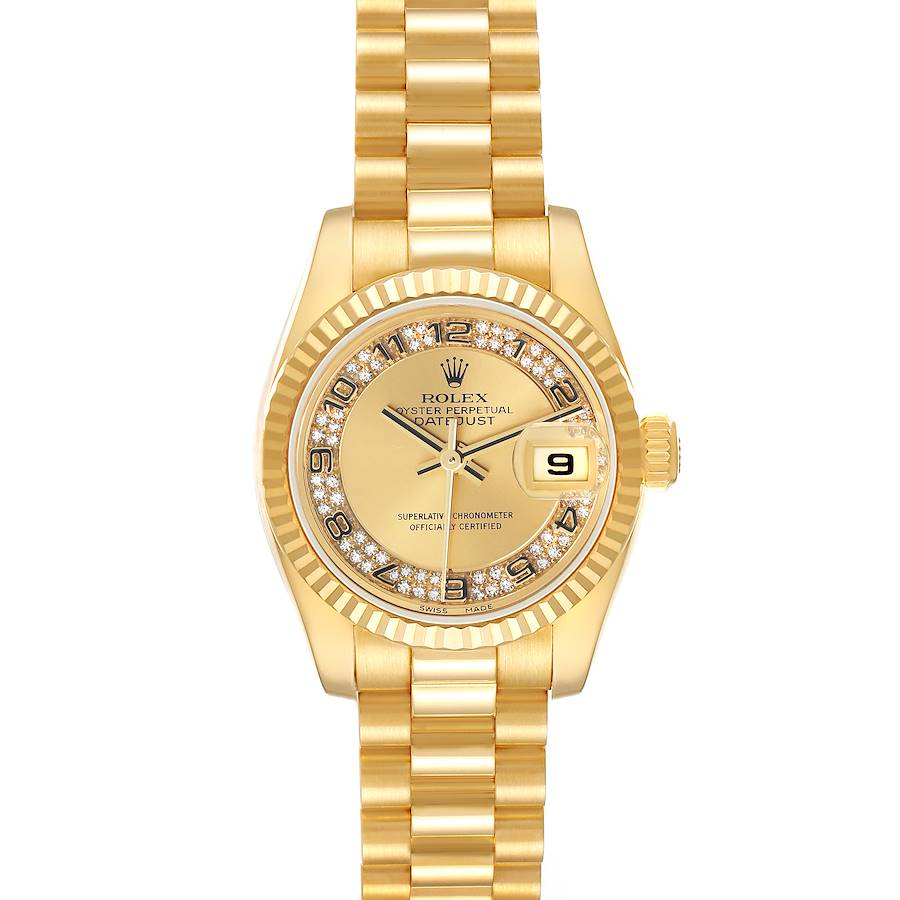 The Rolex President 179178 Women's Yellow Gold Champagne Dial watch is shown from a top view, highlighting the dial, bezel, bracelet, and crown.