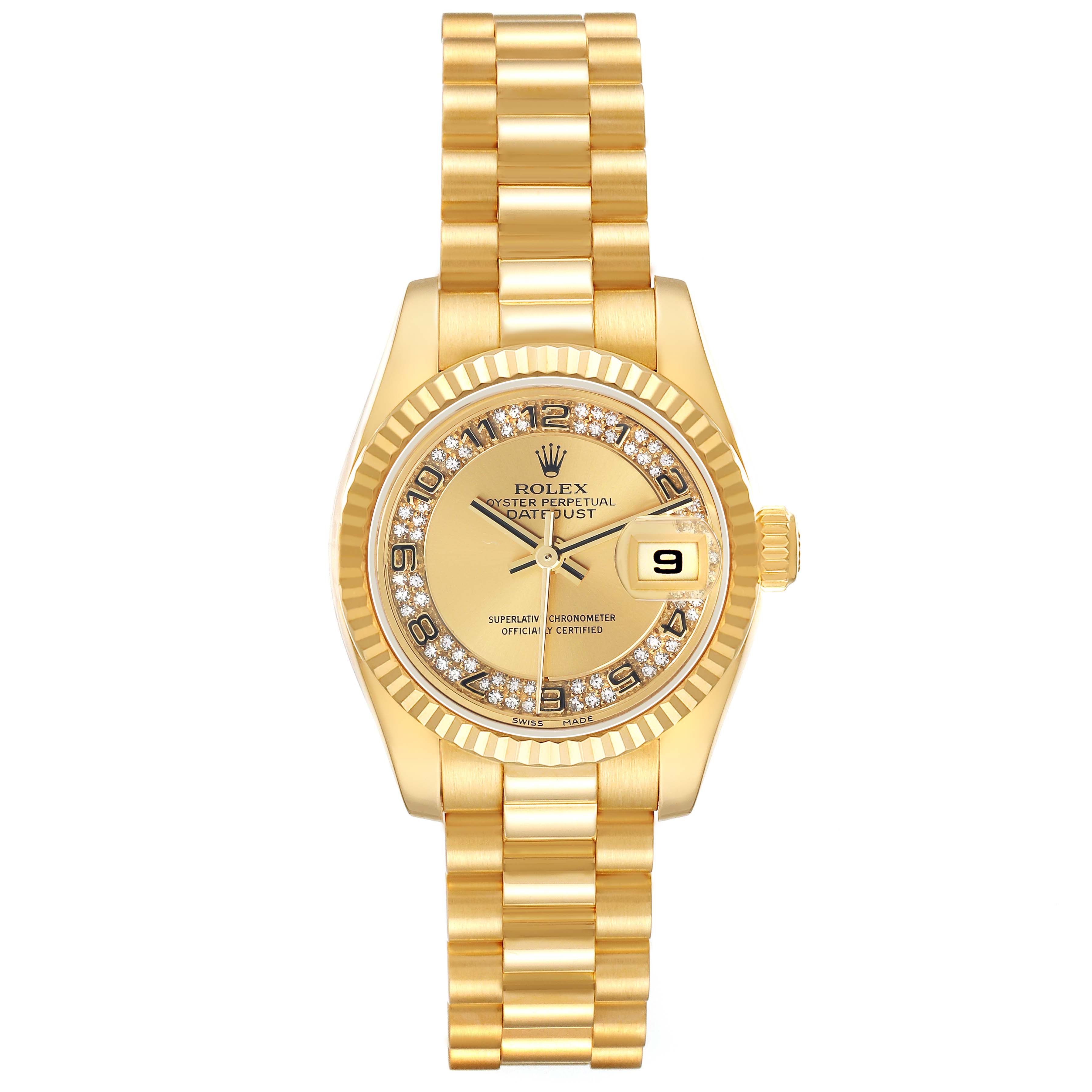 This Rolex President 179178 Women
s Yellow Gold Champagne Dial watch is shown from the top, displaying the dial, bezel, and bracelet.